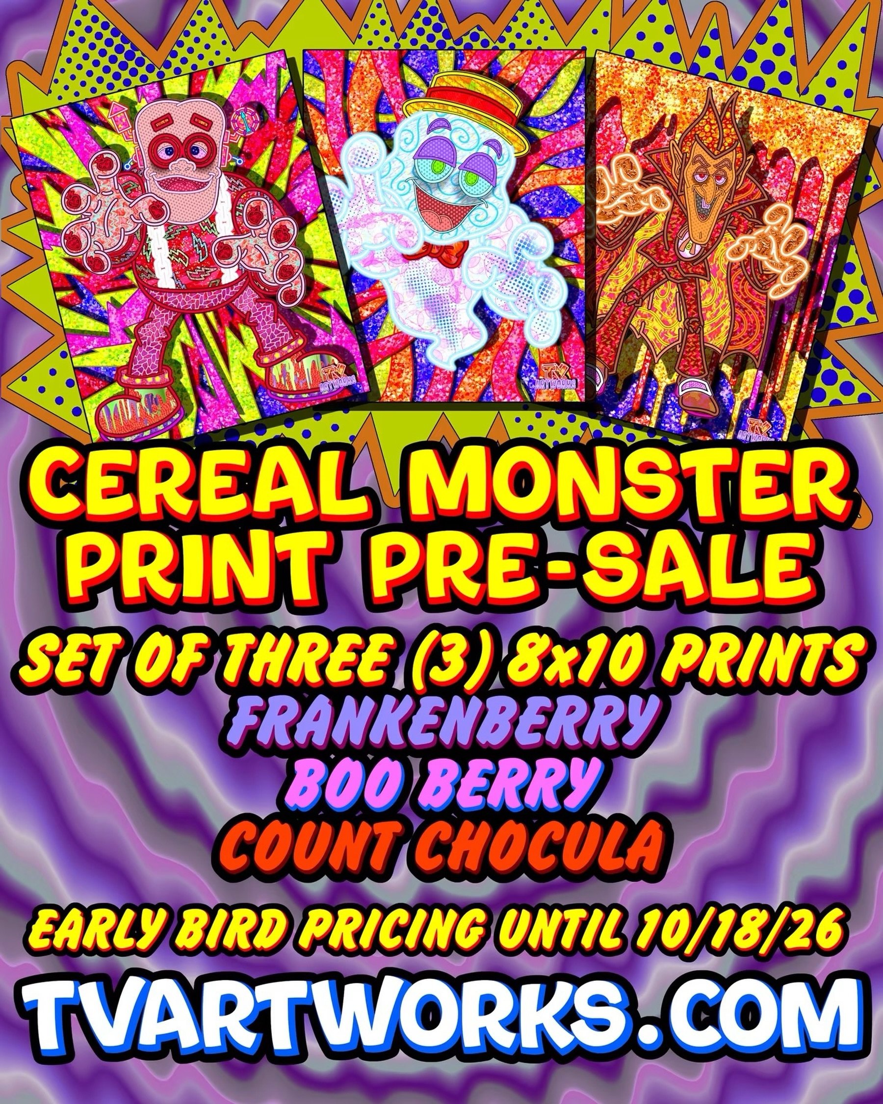 PRE-ORDERS OPEN! EARLY BIRD PRICING UNTIL SUNDAY.
Set of three (3) 8x10 prints, with discounted pre-order pricing until 10/18/26.
Check the link in my bio!

#monstercereal #frankeberry #booberry #countchocula #tvartworks