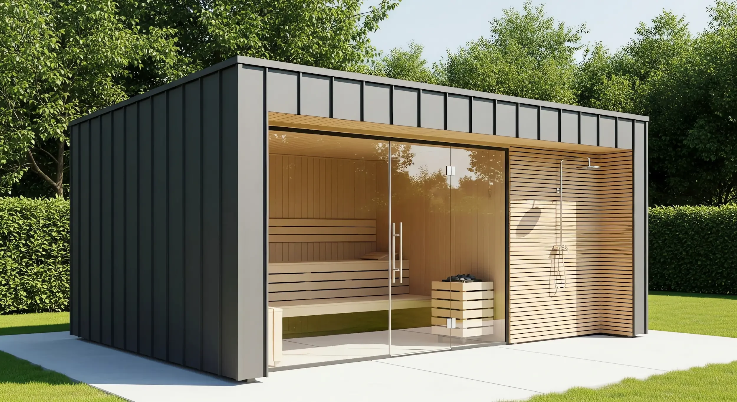 Modern backyard sauna with metal panel cladding, glass door, wood interior benches and adjacent outdoor shower