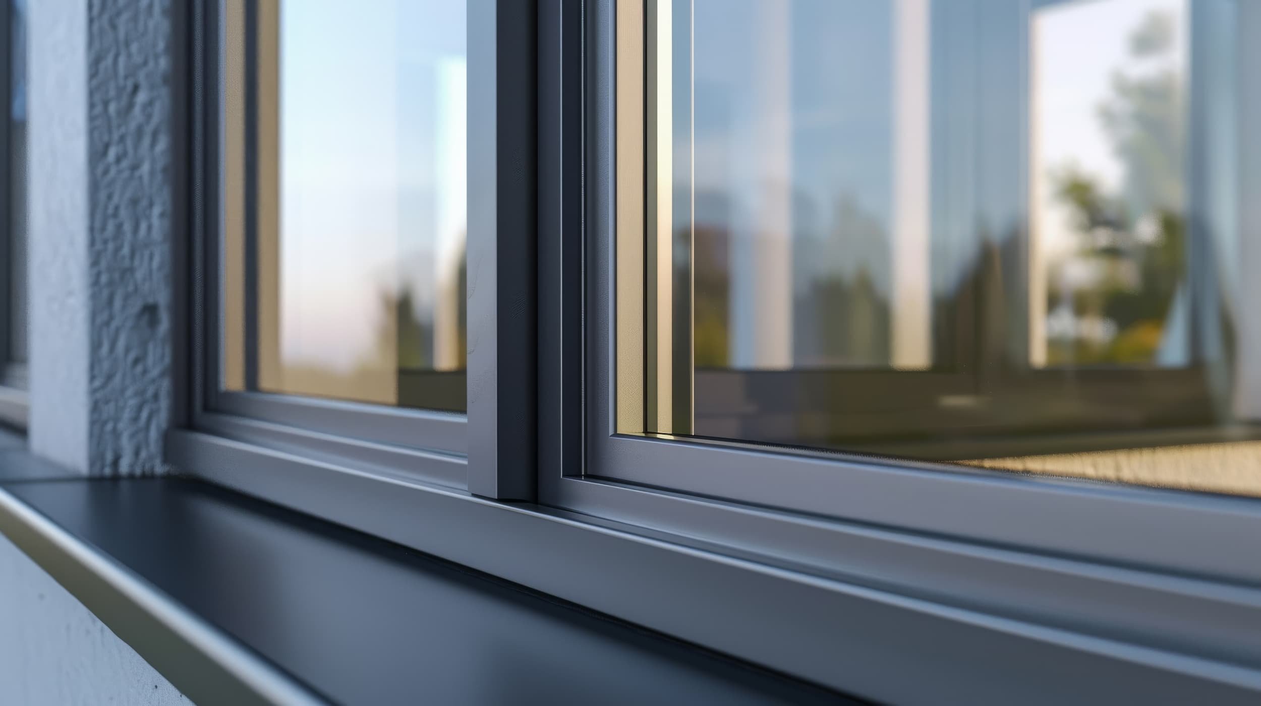 Close-up of a triple glazed window showing multiple glass panes and slim aluminum frame profile — triple pane windows improve energy efficiency and reduce heat loss in cold climates