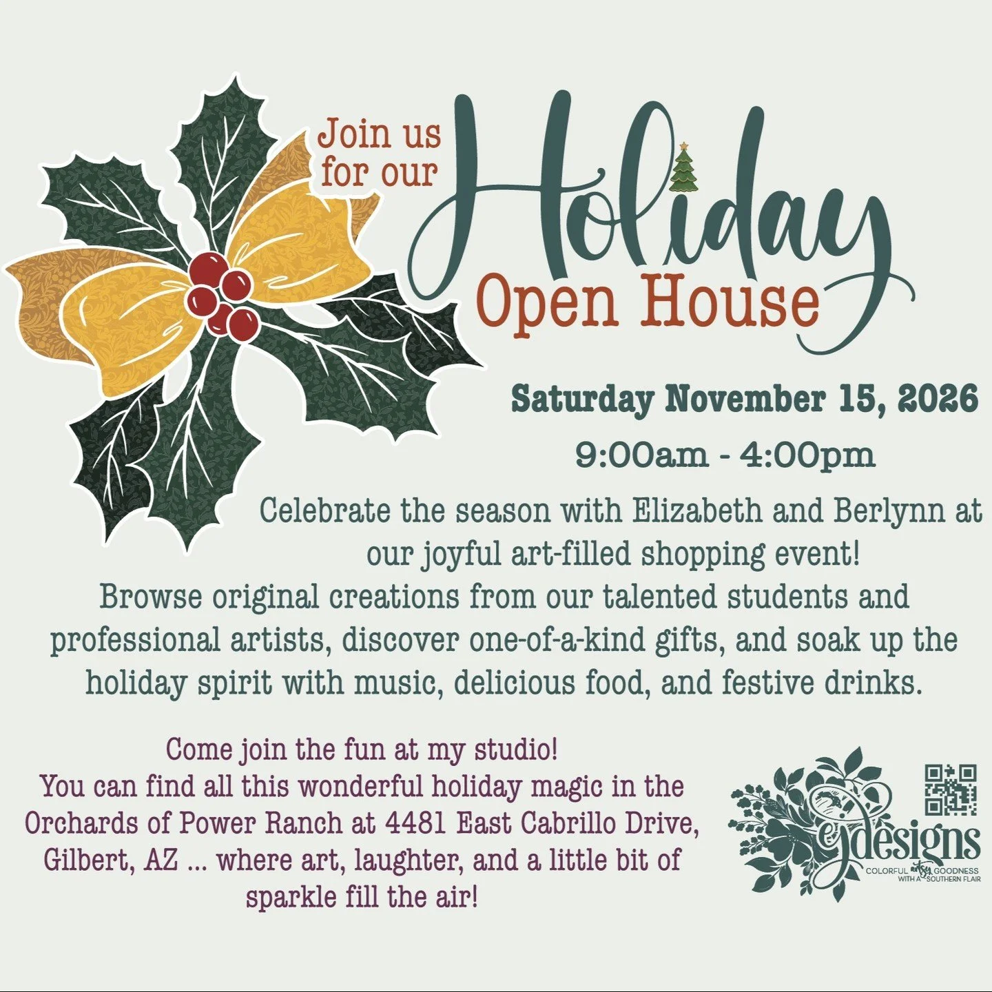 If you&rsquo;re in the Phoenix area, come join the fun at our Holiday Open House on Saturday, November 15!
Berlynn and I can&rsquo;t wait to share our creative space with you &mdash; featuring our own artwork and amazing pieces from our talented stud