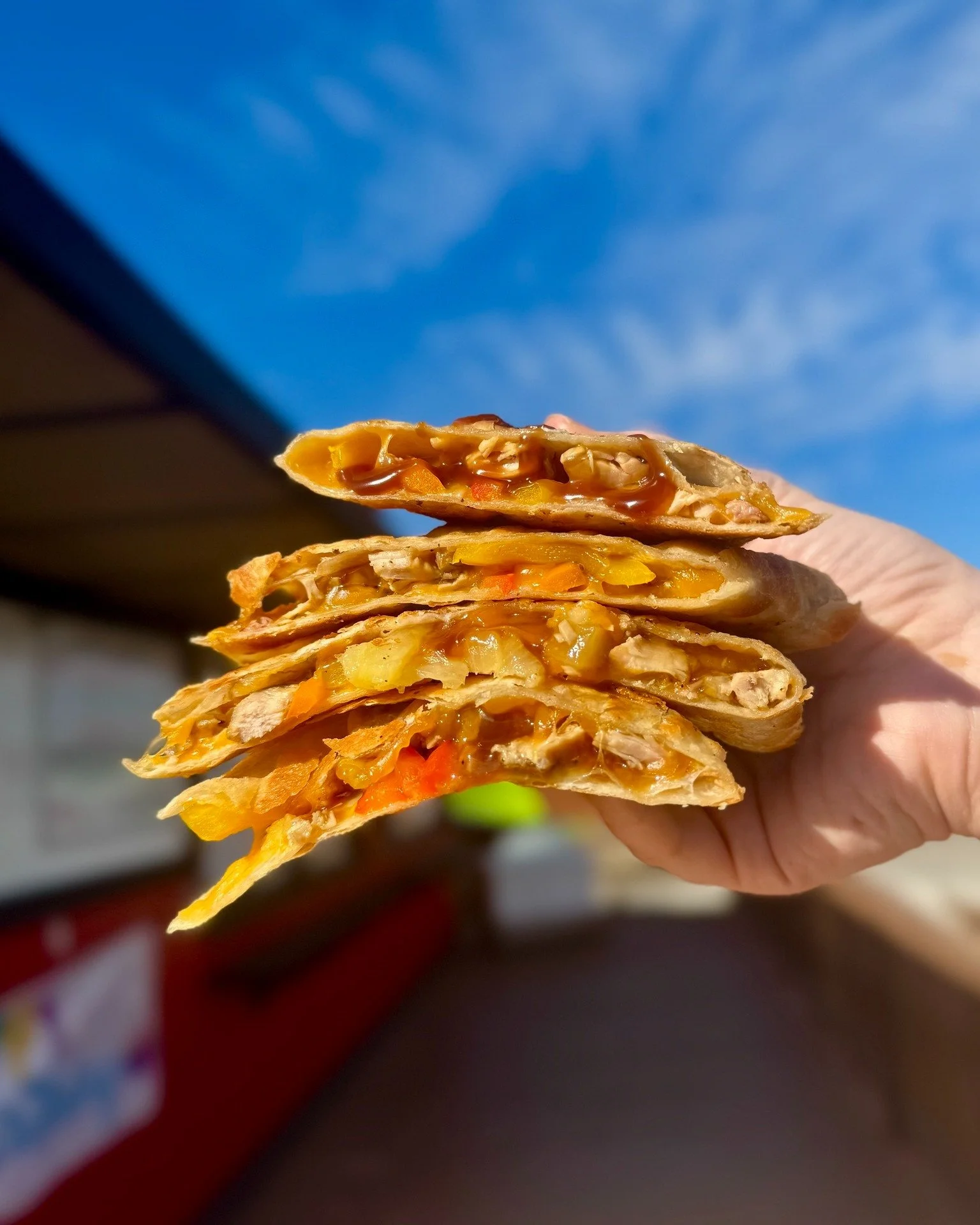 The best quesadilla you'll ever get your hands on... 

:XL quesadilla stuffed with chicken, teriyaki drizzle, pineapple, bell peppers, cheese &amp; jalape&ntilde;o crema on the side.