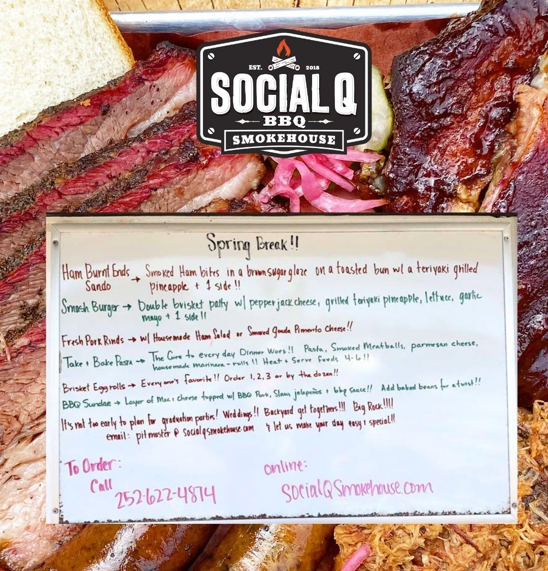 It's Spring Break!! 🌴 Come see us Thursday through Sunday at the porch for...

Ham Burnt Ends Sando: Smoked ham bites in a brown sugar glaze on a toasted bun with a teriyaki grilled pineapple + 1 side!!

Smash Burger: Double brisket patty with peppe