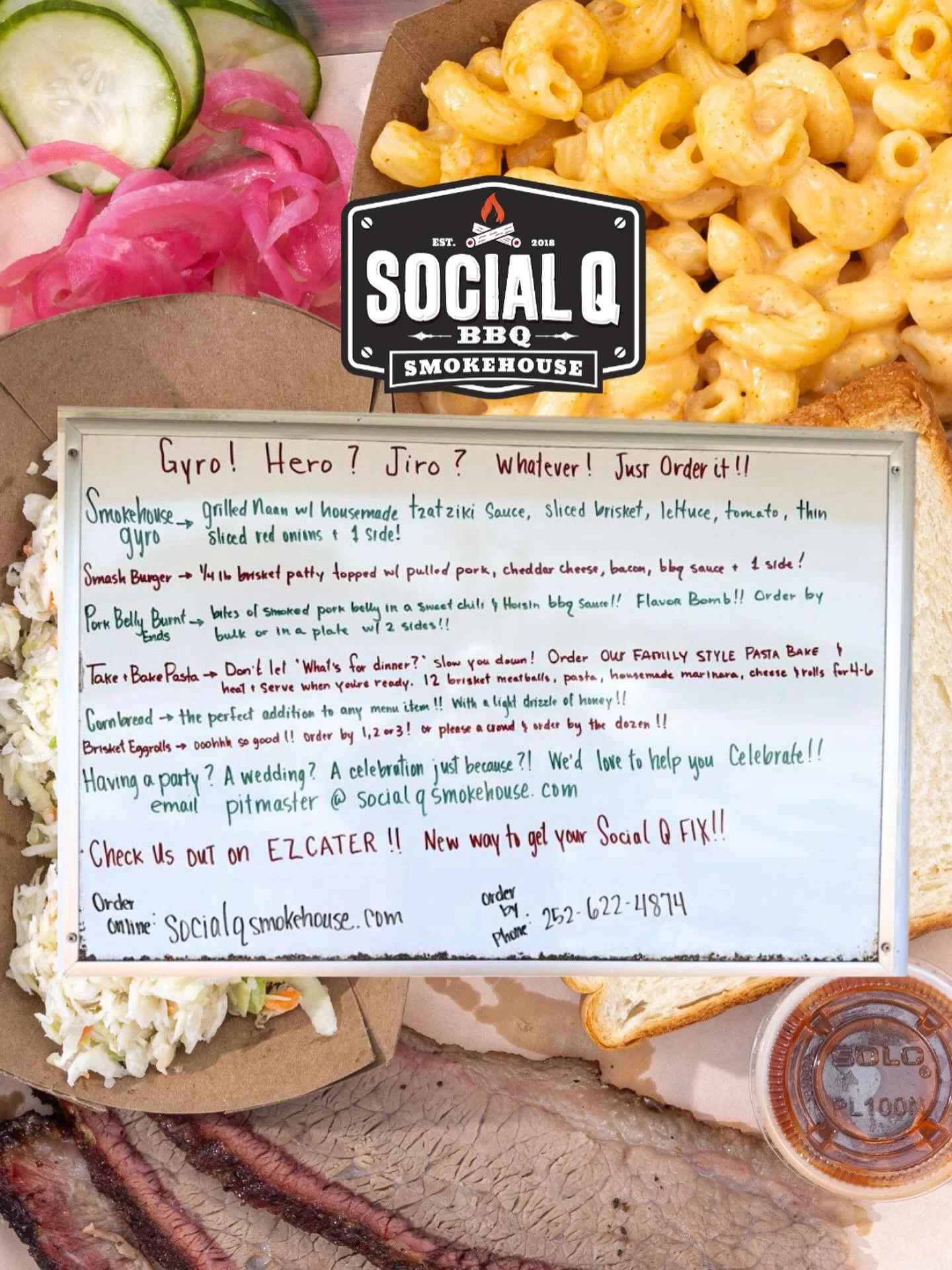 Gyro! Hero? Jiro? Whatever! Just Order It!!
We&rsquo;ve got the smoker fired up and the menu loaded with your favorites. Here&rsquo;s what&rsquo;s cooking at Social Q Smokehouse:
&bull; Smokehouse Gyro 🥙 &ndash; Grilled naan with housemade tzatziki 