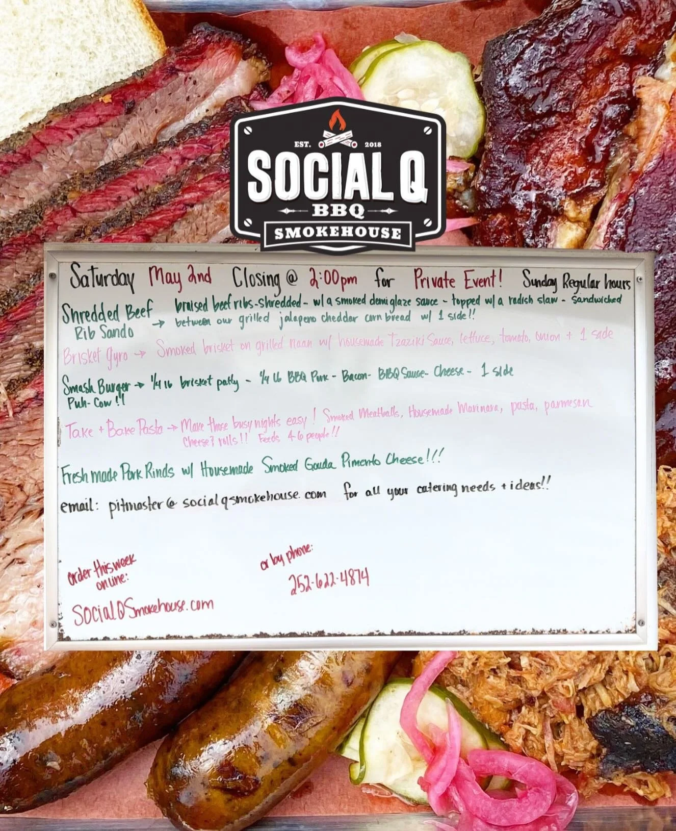 Specials are LIVE at Social Q BBQ Smokehouse! ♨️
Planning your weekend? We&rsquo;ve got some mouth-watering specials on the board, but take note: We are closing at 2:00 PM this Saturday, May 2nd for a Private Event! We&rsquo;ll be back to regular hou