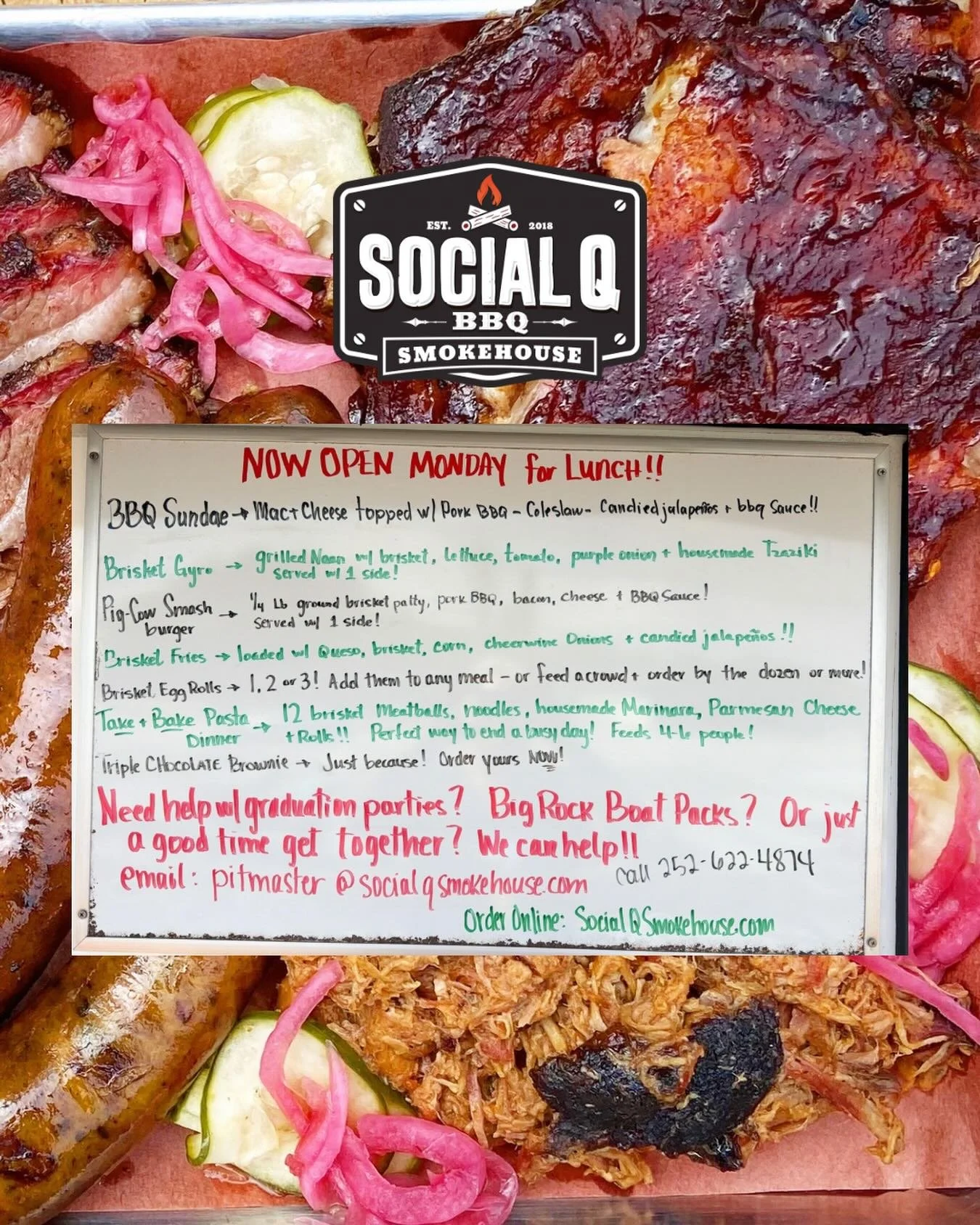 📢 NOW OPEN MONDAY for Lunch!! 📢
Looking for your next favorite meal? Check out what we&rsquo;ve got cooking:
😋 BBQ Sundae ➡️ Mac + Cheese topped w/ Pork BBQ - Coleslaw - Candied jalape&ntilde;os + bbq Sauce!!
🥙 Brisket Gyro ➡️ Grilled Naan w/ bri