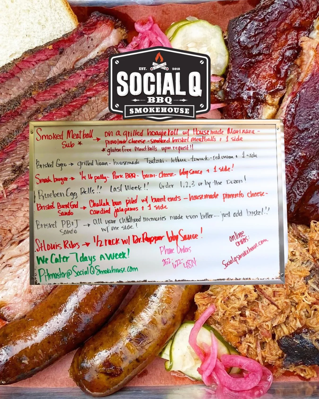 Here are the specials today at Social Q BBQ Smokehouse! Check out what we&rsquo;ve got on the board:

Smoked Meatball Sub on a grilled hoagie roll w/ Housemade Marinara - provolone cheese - smoked brisket meatballs + 1 side. Gluten free meatballs upo