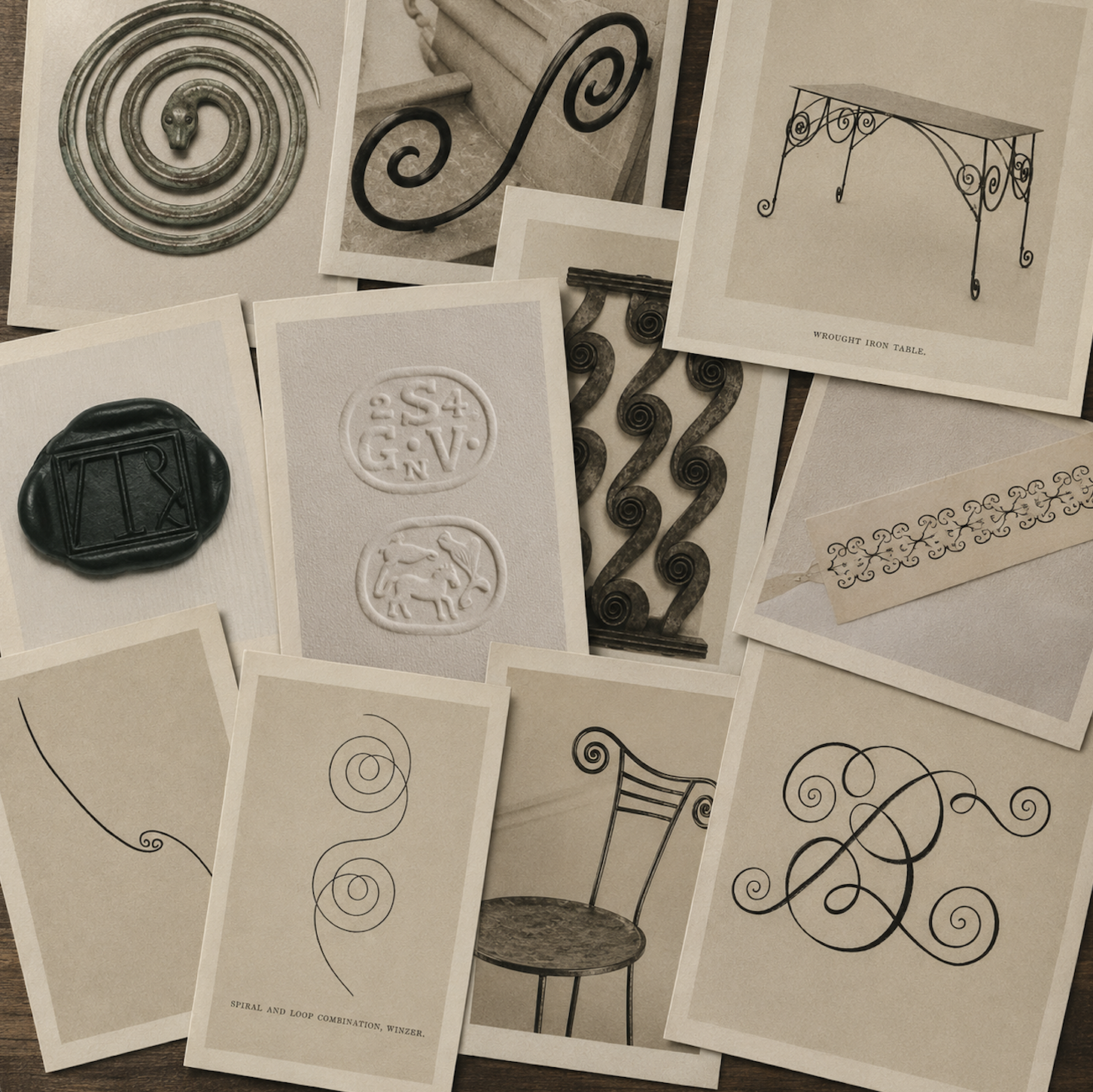Collection of vintage photographs of wrought iron furniture and decorative elements, including tables, chairs, and ornamental scrollwork.