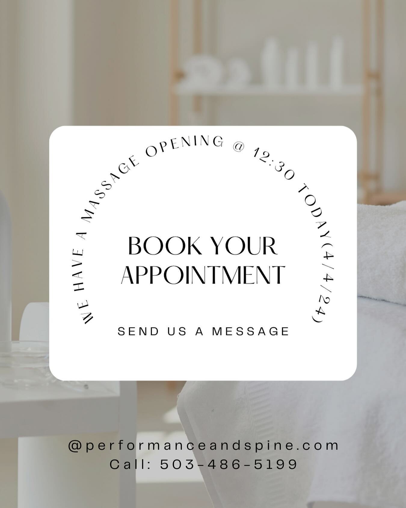 ✨ Booked up until now, but just had a last-minute opening for a therapeutic massage today (4/4/24) at 12:30 pm! Enjoy 60 minutes of relaxation and rejuvenation. Call 503-486-5199 or message online to claim this spot! 💆&zwj;♂️💆&zwj;♀️ #LastMinuteOpe