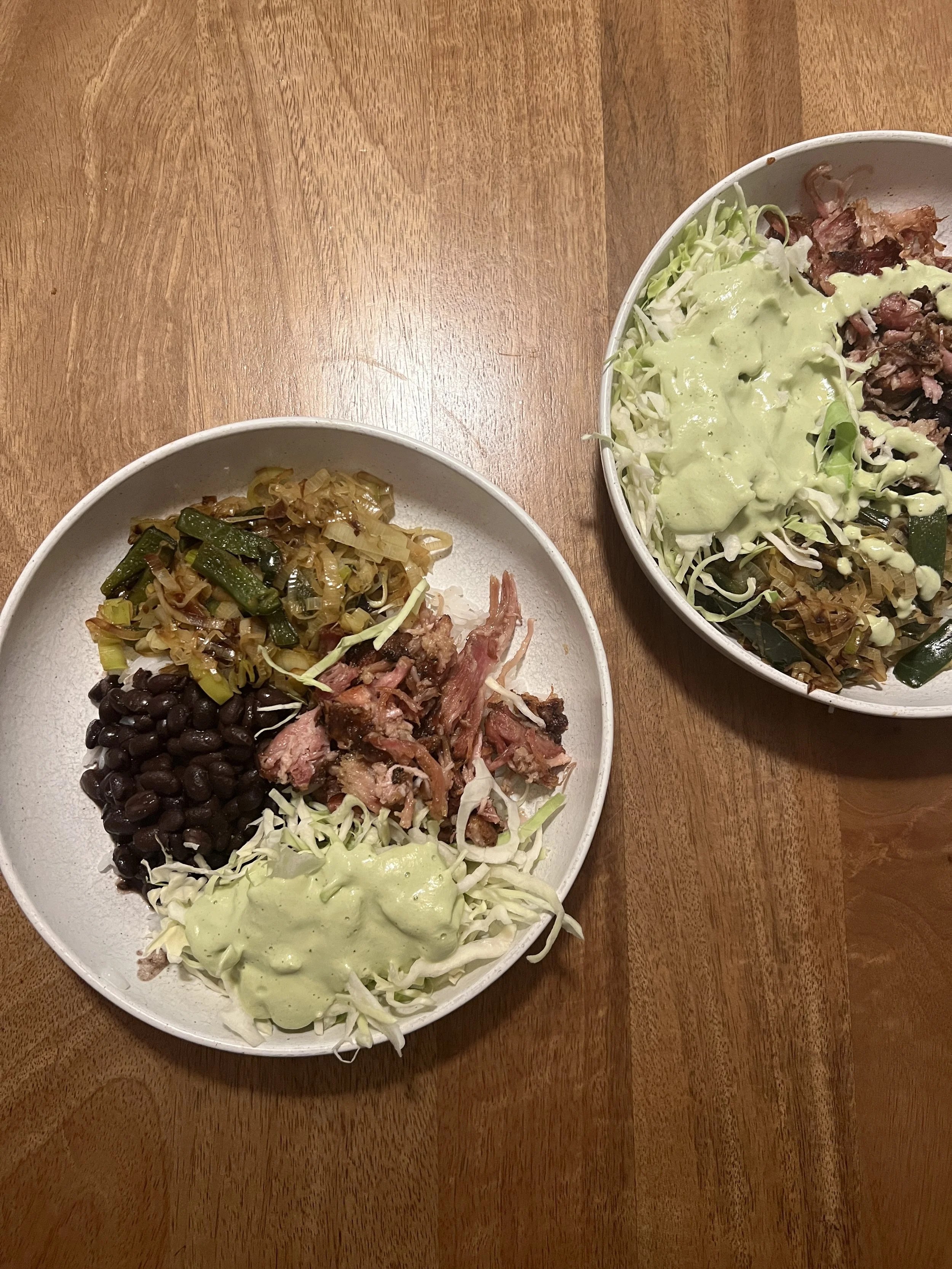 Leek &amp; Poblano Burrito Bowls with Crispy Carnitas