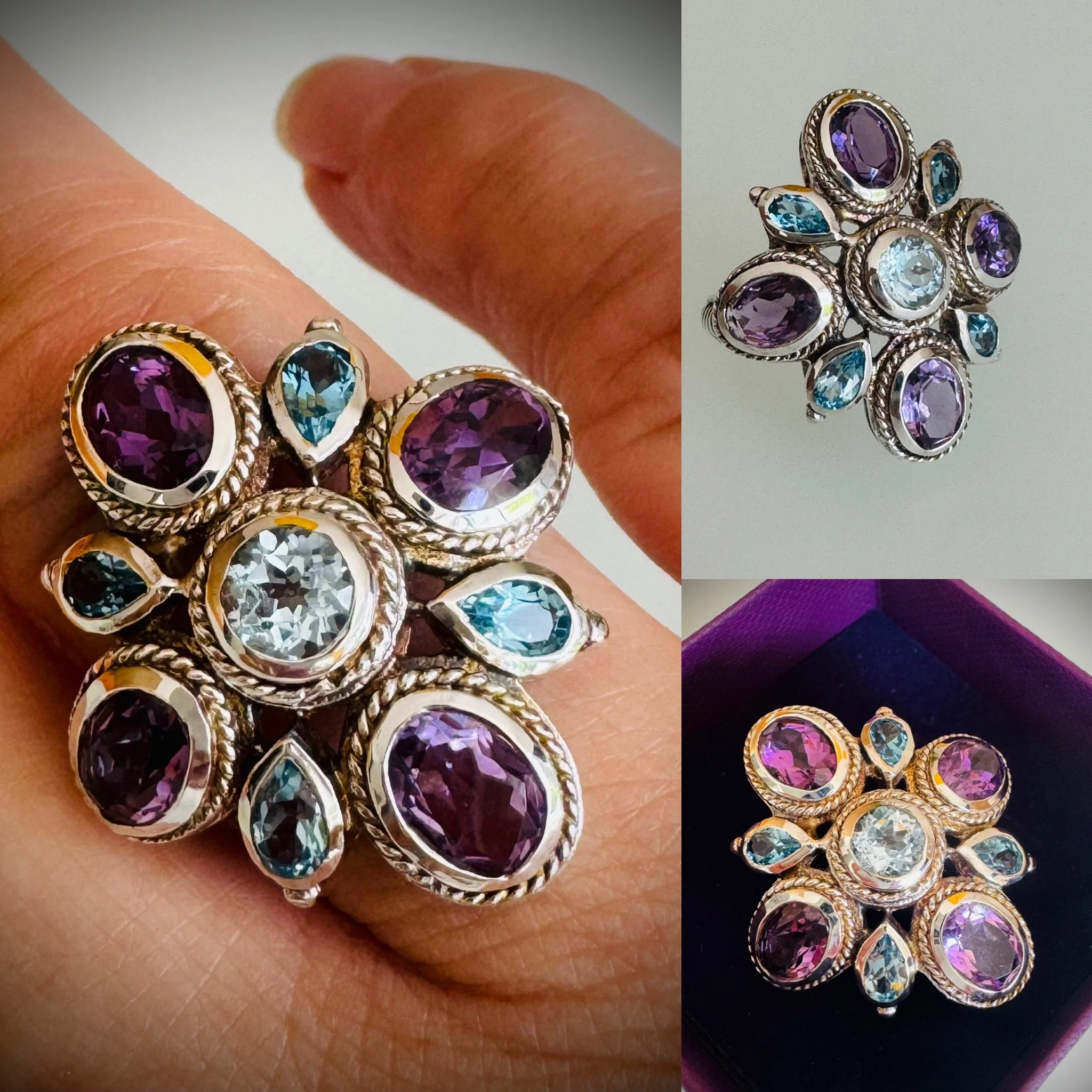 NEW IN ! Fabulous Aquamarine Amethyst & Blue topaz Silver Cocktail Ring @ £450
