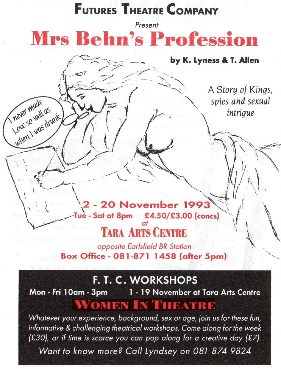A black, white and red poster for a production called Mrs Behn's Profession.