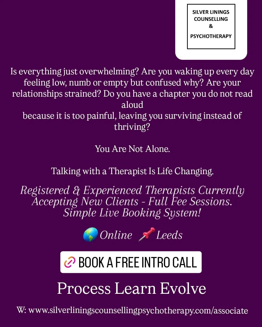 Book an intro call to help put you at ease taking the first step and give you an opportunity to ask any questions. We will briefly discuss what your struggles are to identify which Therapist may be a good match before investing any time, money or eff