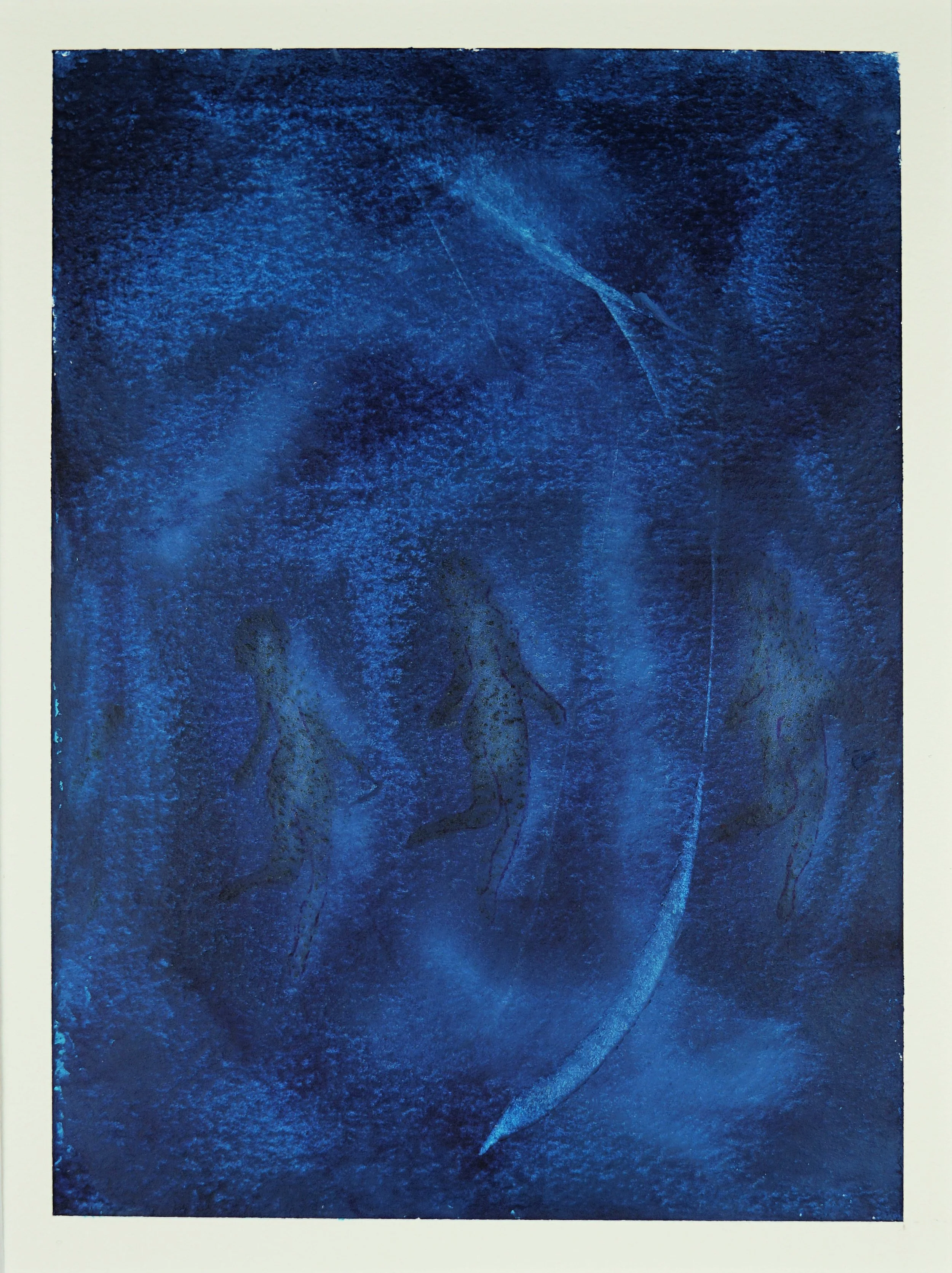 'Dancing on A Blue Moon' - an original oil painting by David Burgess. This unique piece, with its swirling blues and abstract figures, is a dance of colour and emotion.