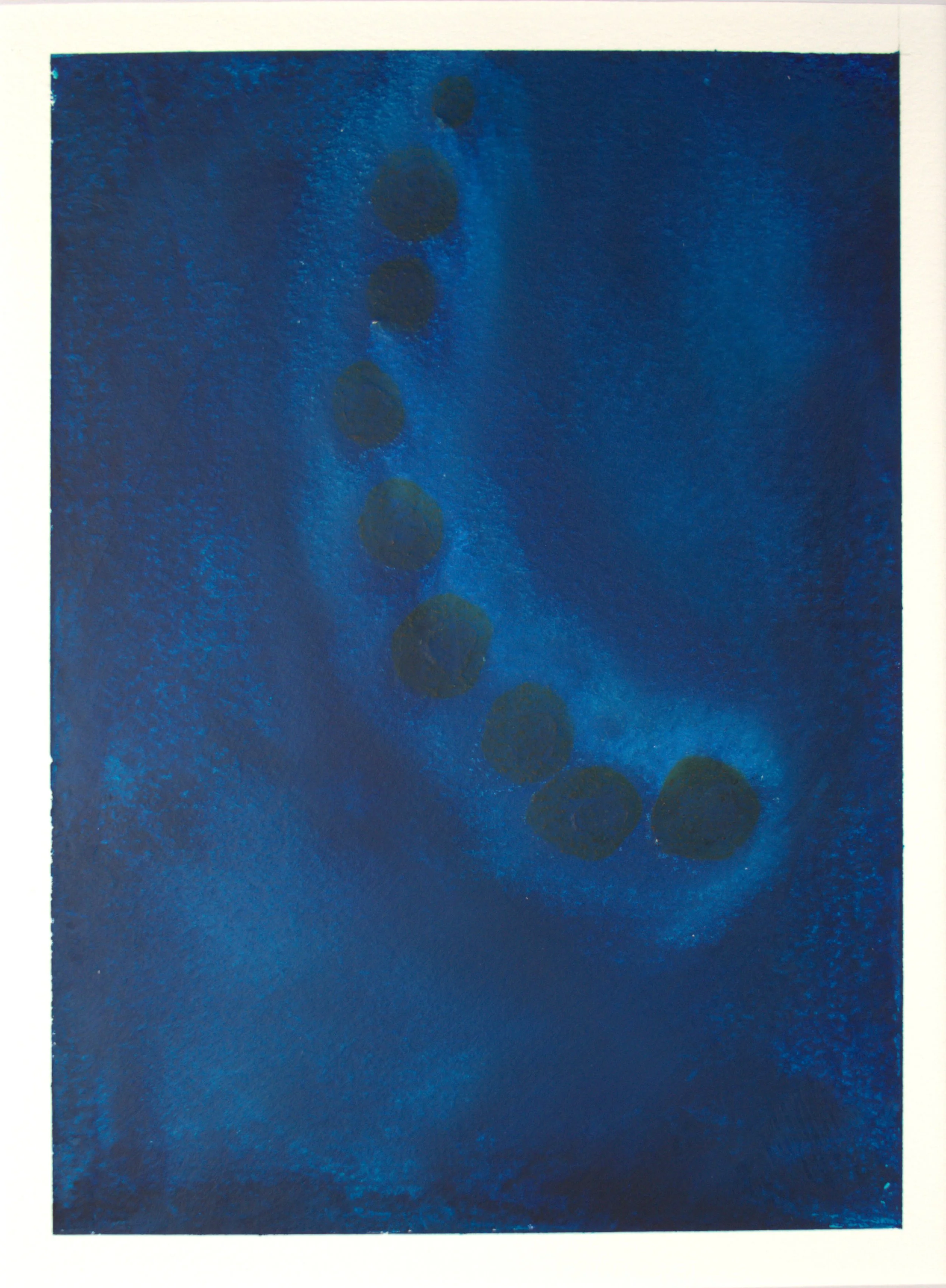 'Stepping Stones' - This piece is a compelling exploration of form and colour, embodying the Modernist principles of abstraction and non-representational art. The artist has skilfully used oil on paper to create a series of circular forms, reminiscen