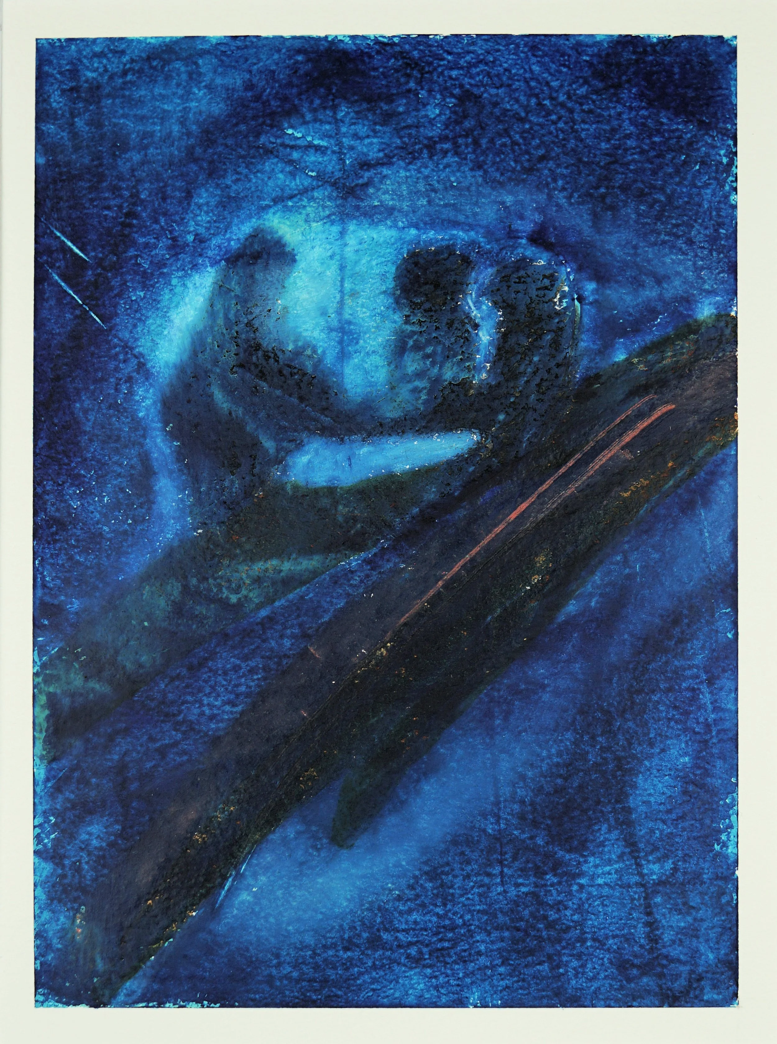 Silhouettes of Discourse”
Imagine a gathering of three people, seated together. They are abstracted into a form that’s more about the essence of their togetherness than their individual identities. This form, rendered in darker tones of blue and blac