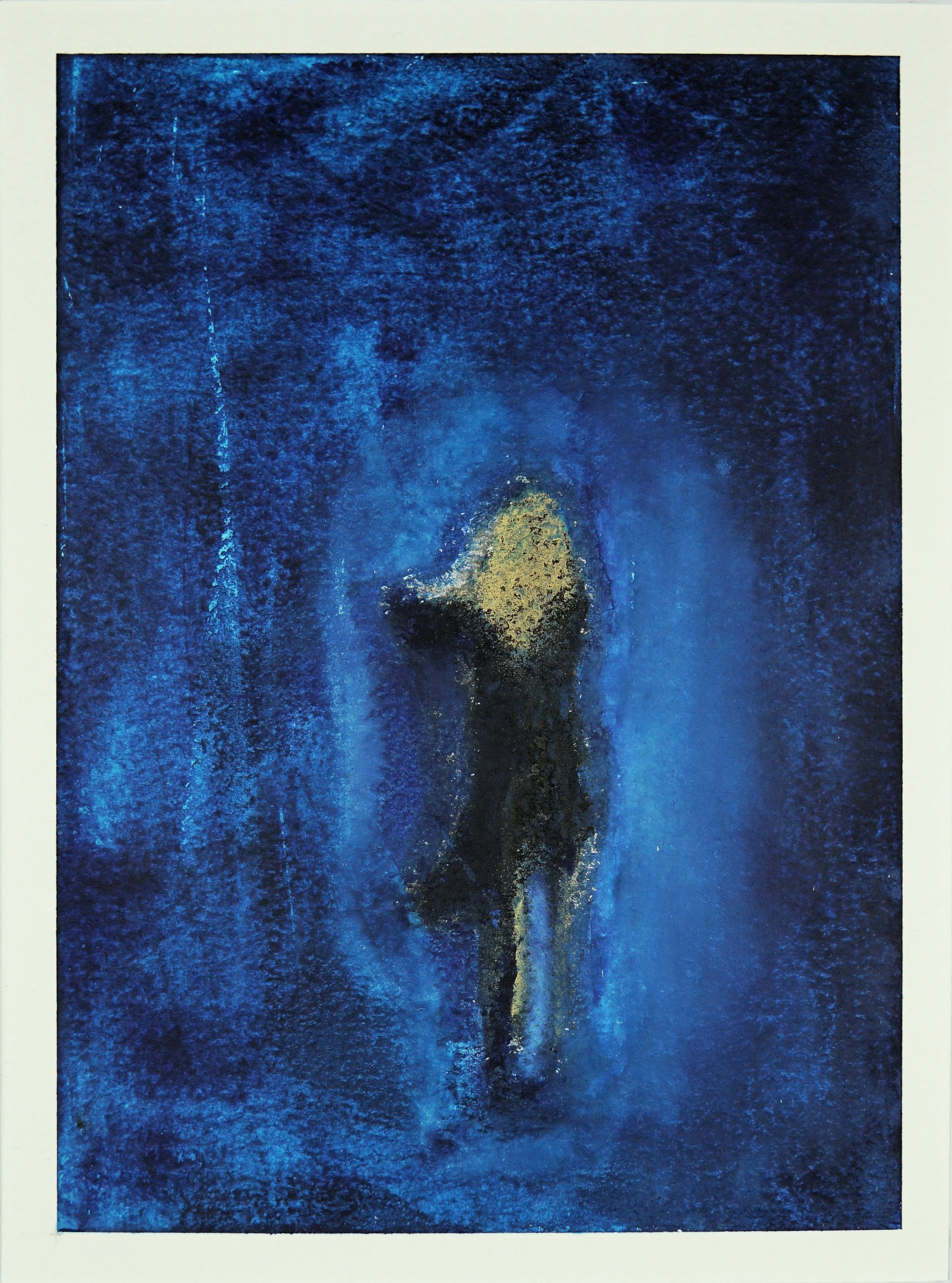 'Cascade of Dreams' is an oil painting on paper where that is a beautiful blend of abstract and representational art. It features a predominantly dark blue palette, with varying shades creating a textured background that resembles cascading water or 