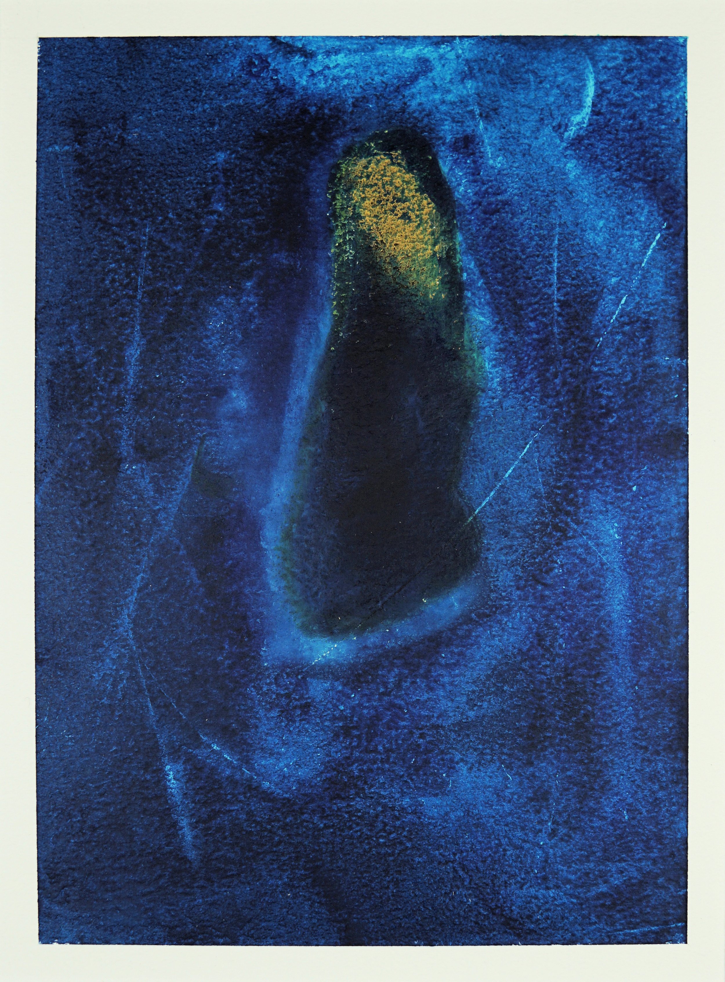 'Immersed' - This oil painting on paper titled  is an abstract piece that uses a predominantly dark blue palette, creating the impression of deep water. In the centre, there is an abstract form that resembles a pond or water body. This central form h