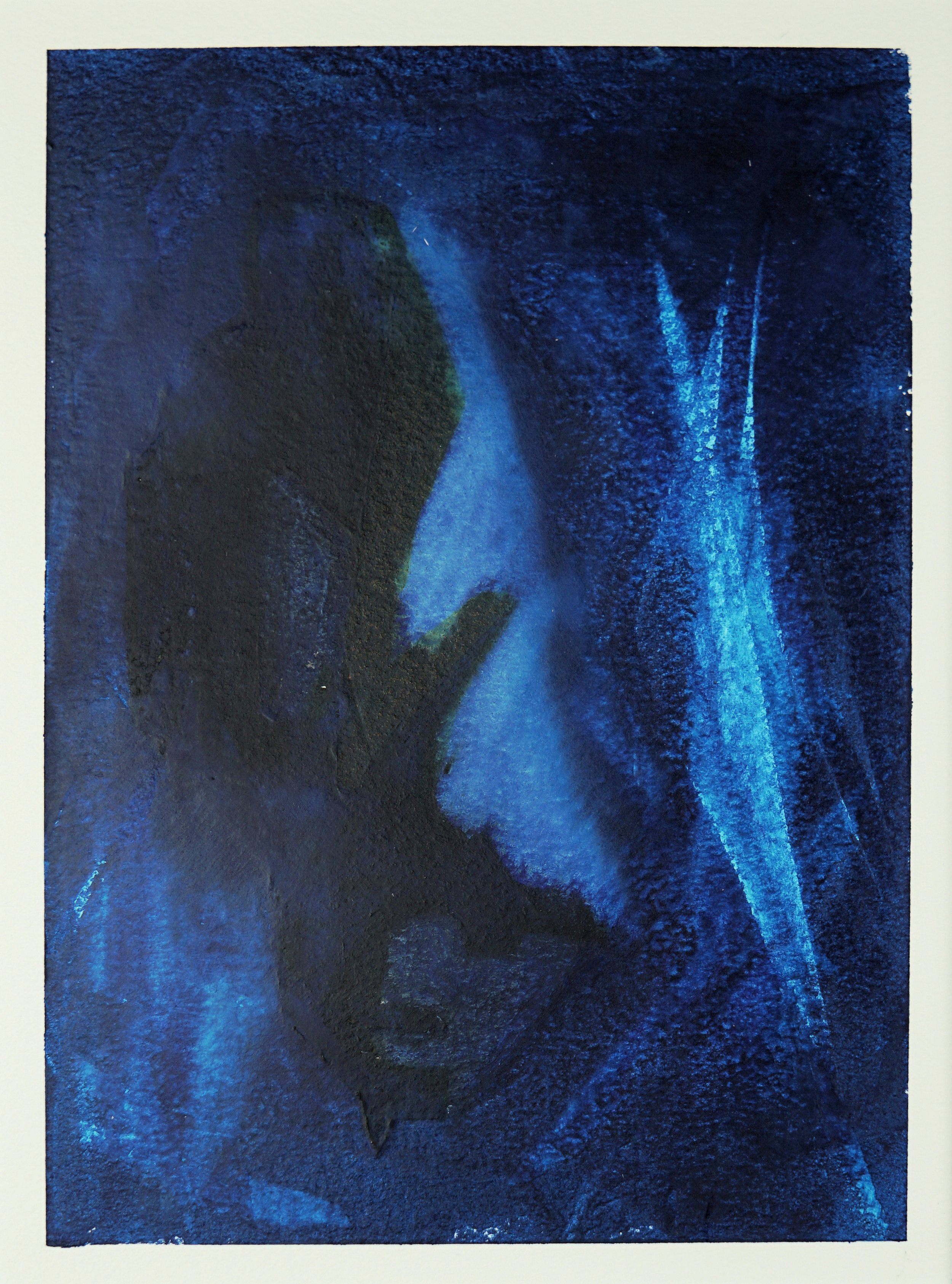 'Hoody in the Vault' - This captivating oil painting on paper, dominated by deep blue tones, offers a journey into abstraction. The central figure, a hooded entity, seems to be in motion, descending steps into a darker realm, possibly a vault or cave