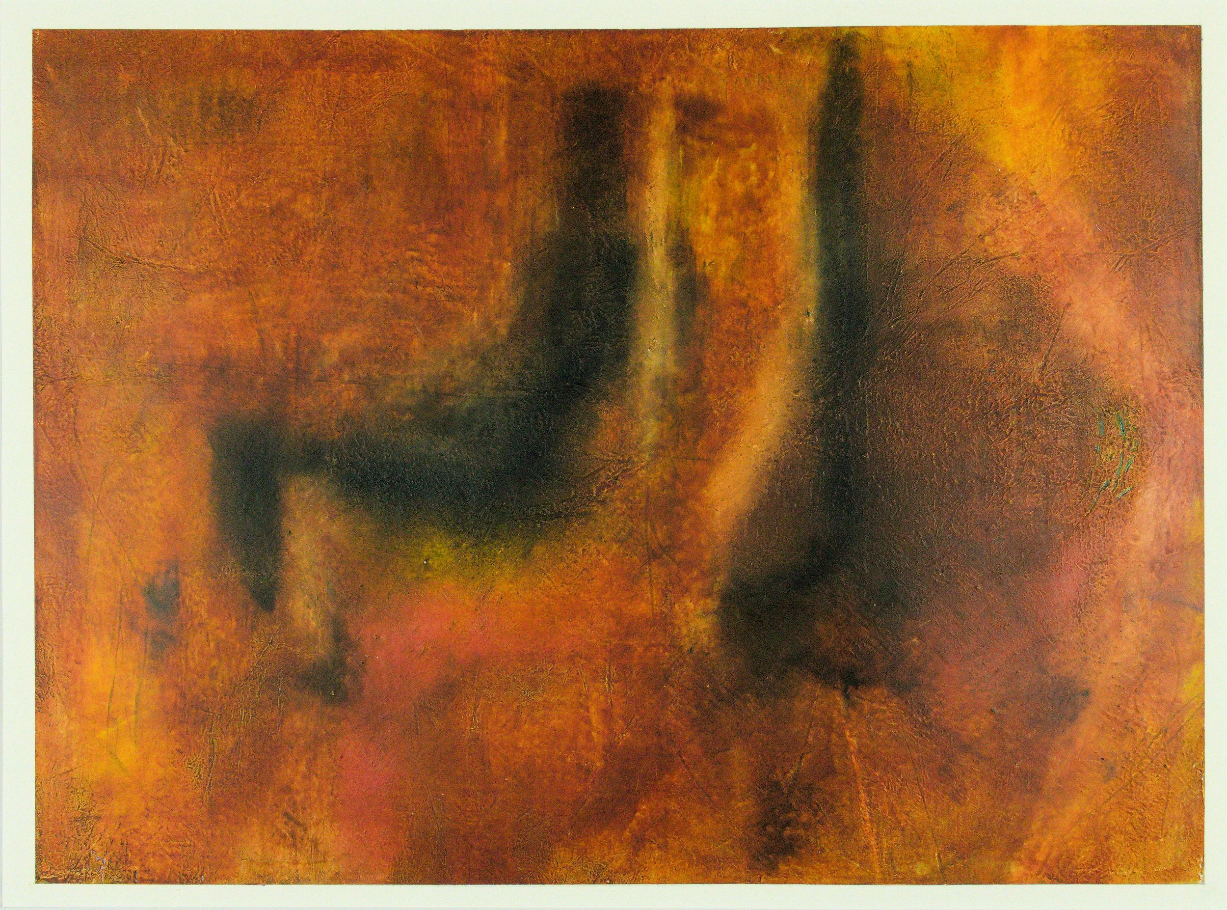 Abstract painting featuring two vague human-like figures in shades of orange, yellow, and brown with a textured appearance suggesting depth and movement.” This description aims to convey the overall feel and composition of the painting