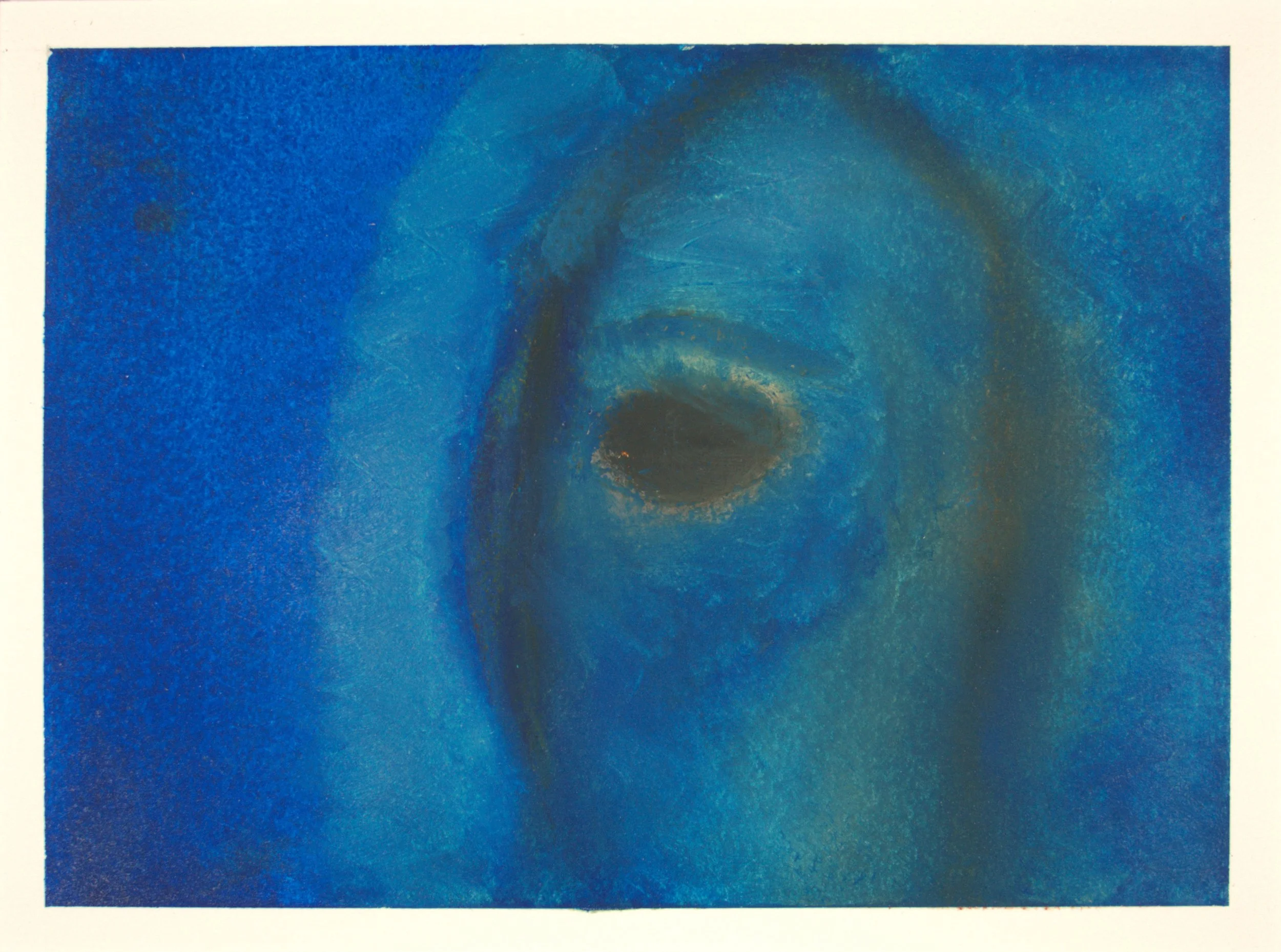 ‘Reflecting Abyss’ is a captivating oil on paper that embodies the introspective journey of the self. Its rich, layered blues create a serene yet profound visual experience, while the textured brushstrokes offer a tangible connection to the artist’s 