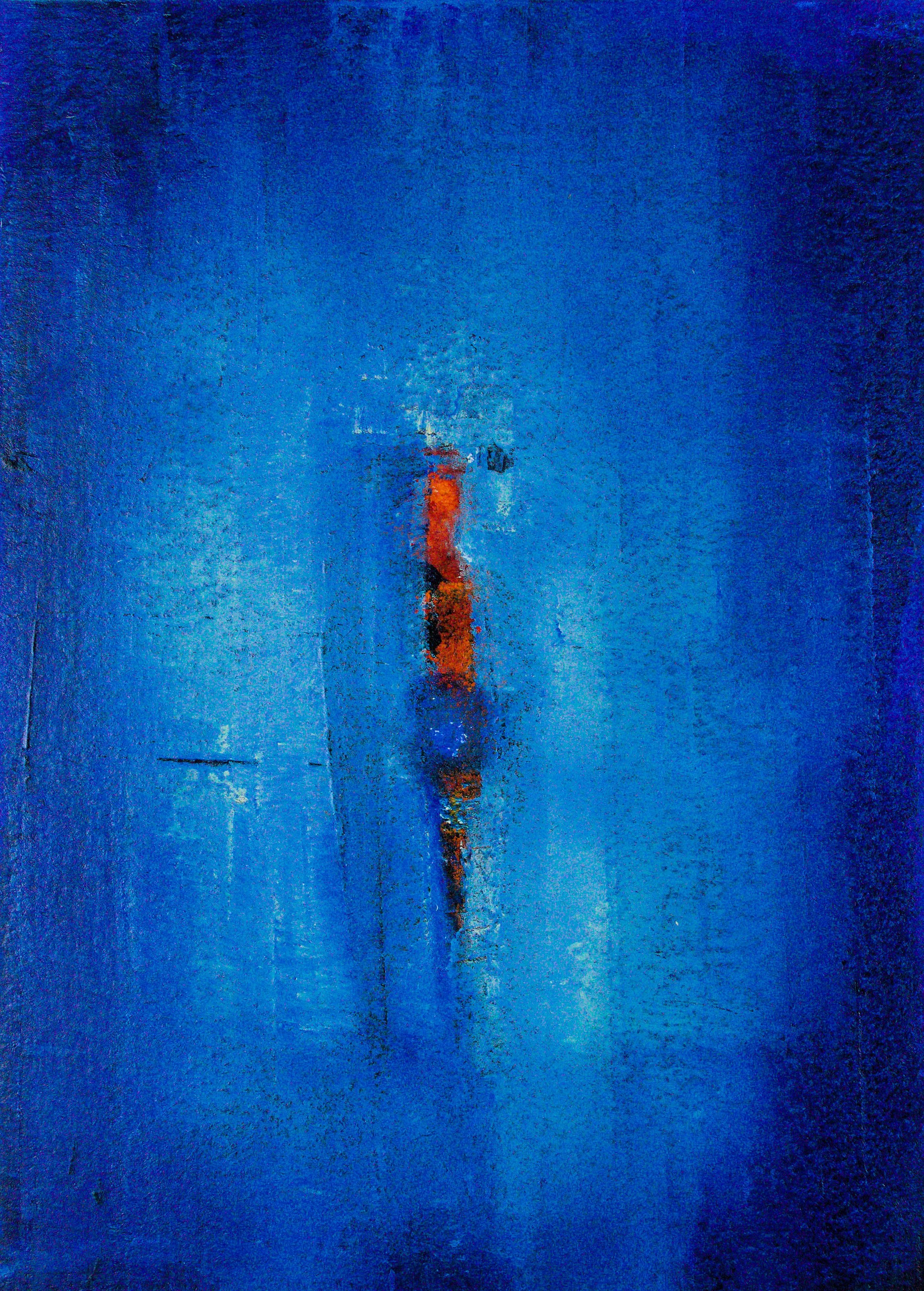 'Silent Symphony’ invites you into an aquatic reverie—a world where colour and texture merge seamlessly. The elongated form, reminiscent of a hat, descends through layers of azure, cobalt, and indigo. The fiery streak of orange-red adds drama, a cres
