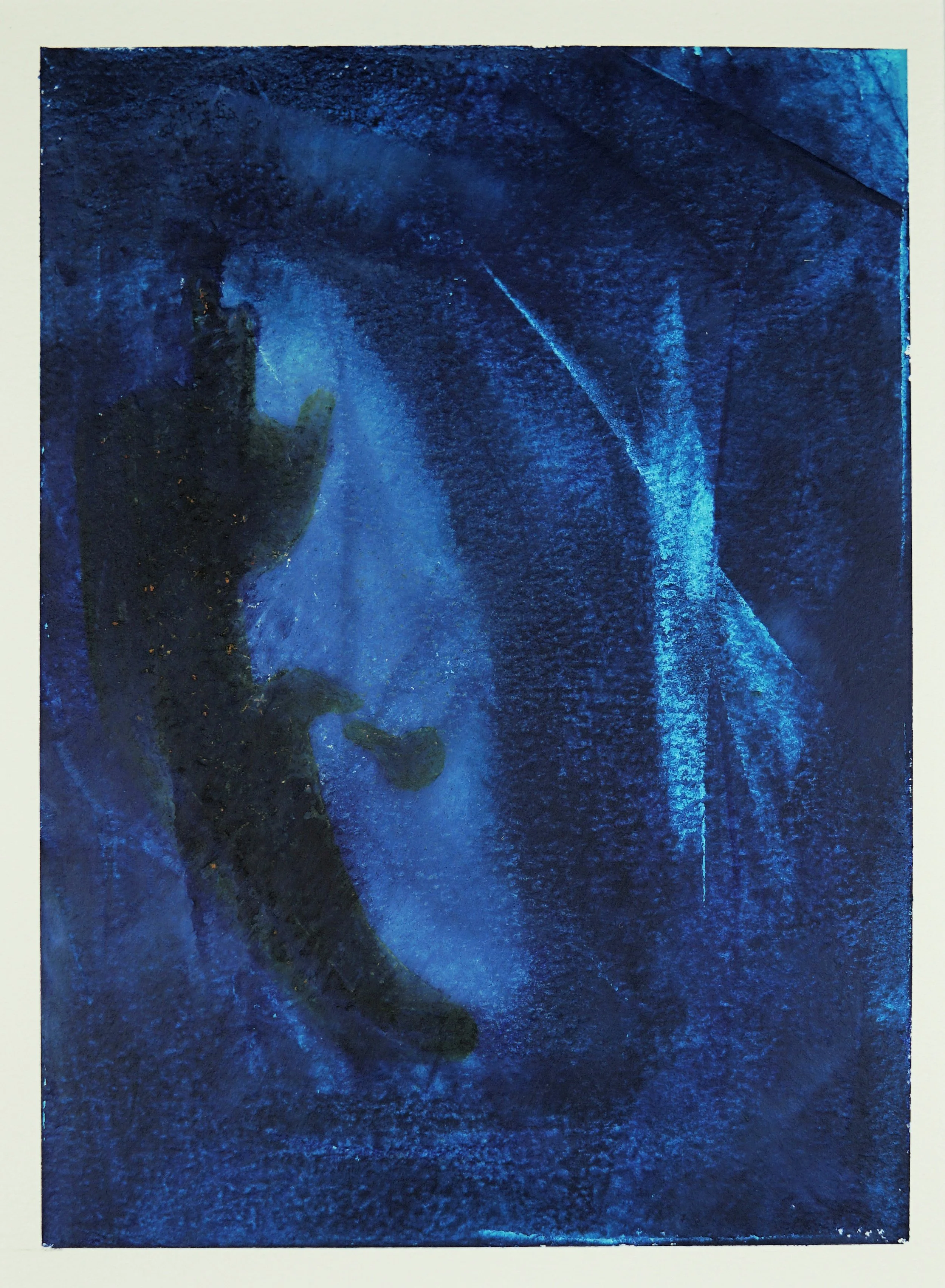 'Shrouded Surfer' is a compelling exploration of form and identity through the medium of oil on paper. The dominant blue colour palette evokes a sense of depth and fluidity, creating an immersive visual experience. The abstract forms suggest the silh