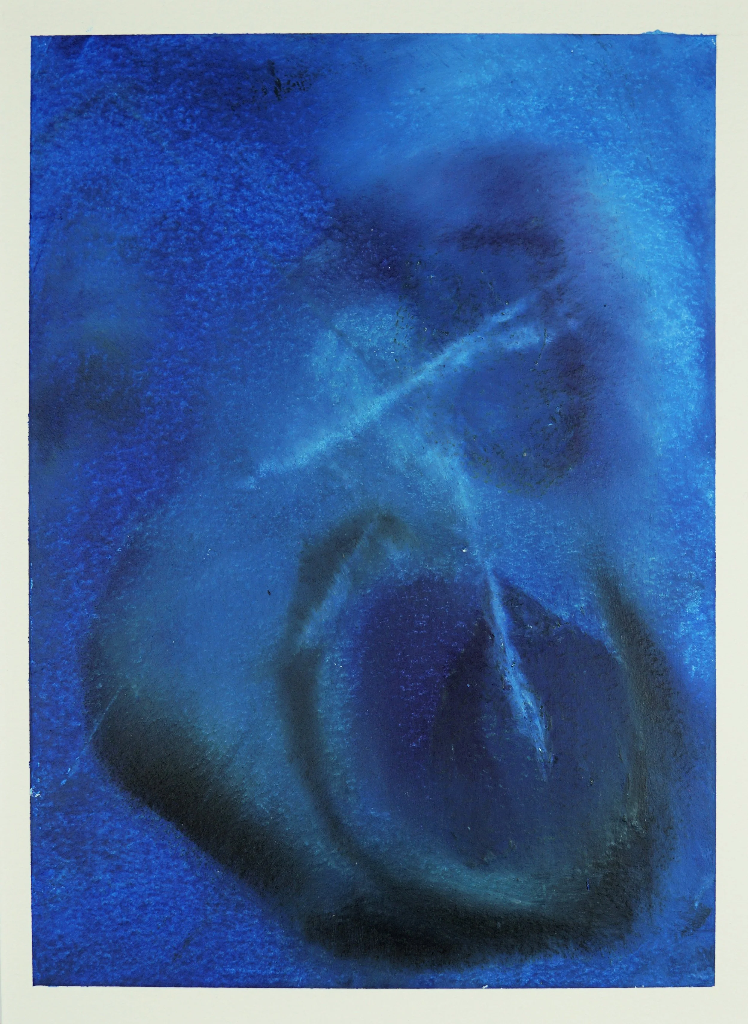 'Ebb and Flow' - Interpretations of this artwork could range widely due to its abstract nature. One might see it as representing something organic like a marine creature or plant life underwater, given the predominance of blue tones and fluid shapes.