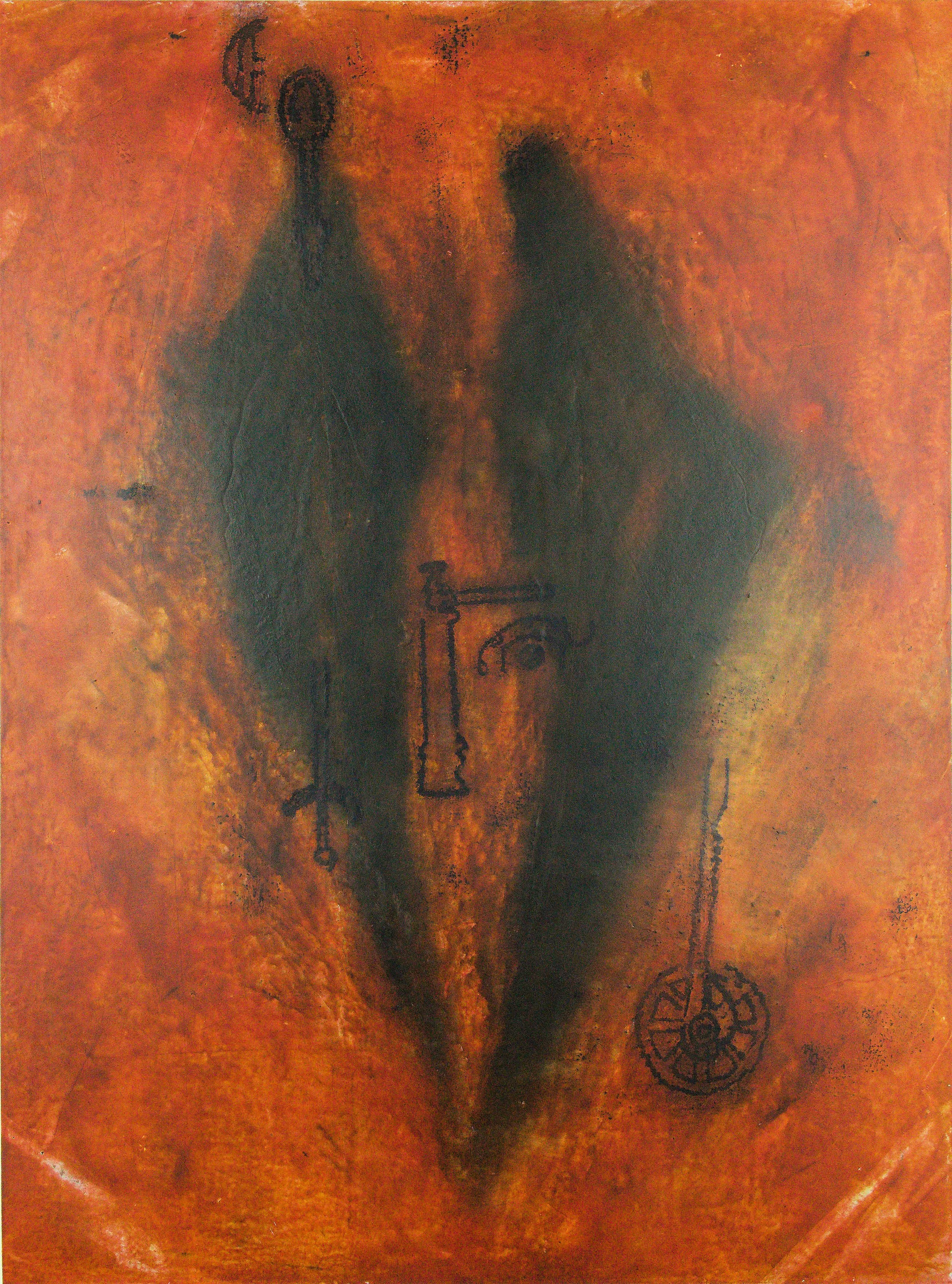 This is an abstract oil painting titled ‘Harvest’ by David Burgess. It’s painted on arches oil paper and measures 12 inches by 16 inches. The painting is presented in a white mount that measures 16 inches by 20 inches. The artwork features a rich ble