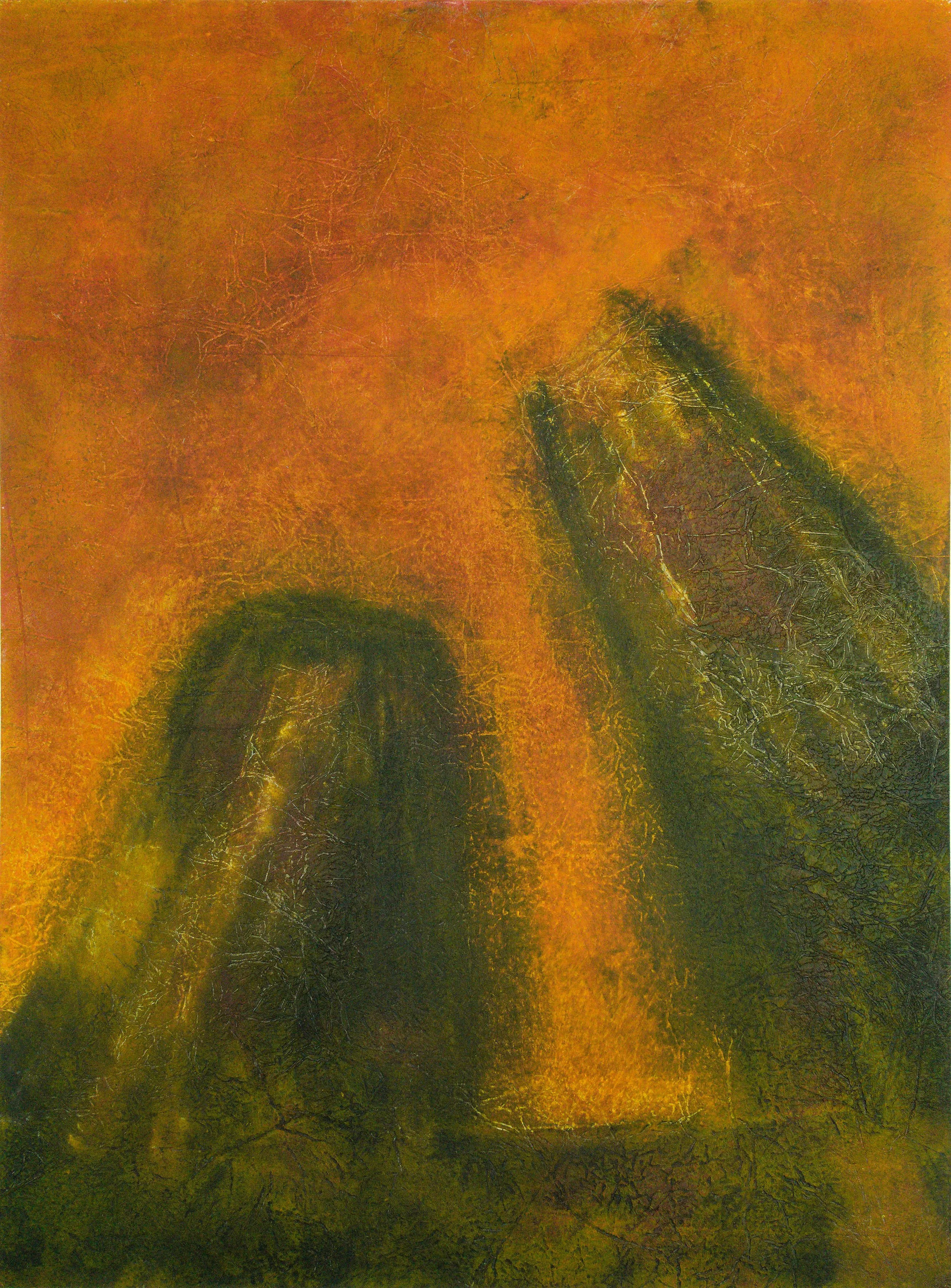 The image you’ve sent is an abstract painting. It has a warm color palette, dominated by shades of orange and yellow. The painting features two vertical forms that could be interpreted as towers or tall figures. These forms are shadowy and detailed w