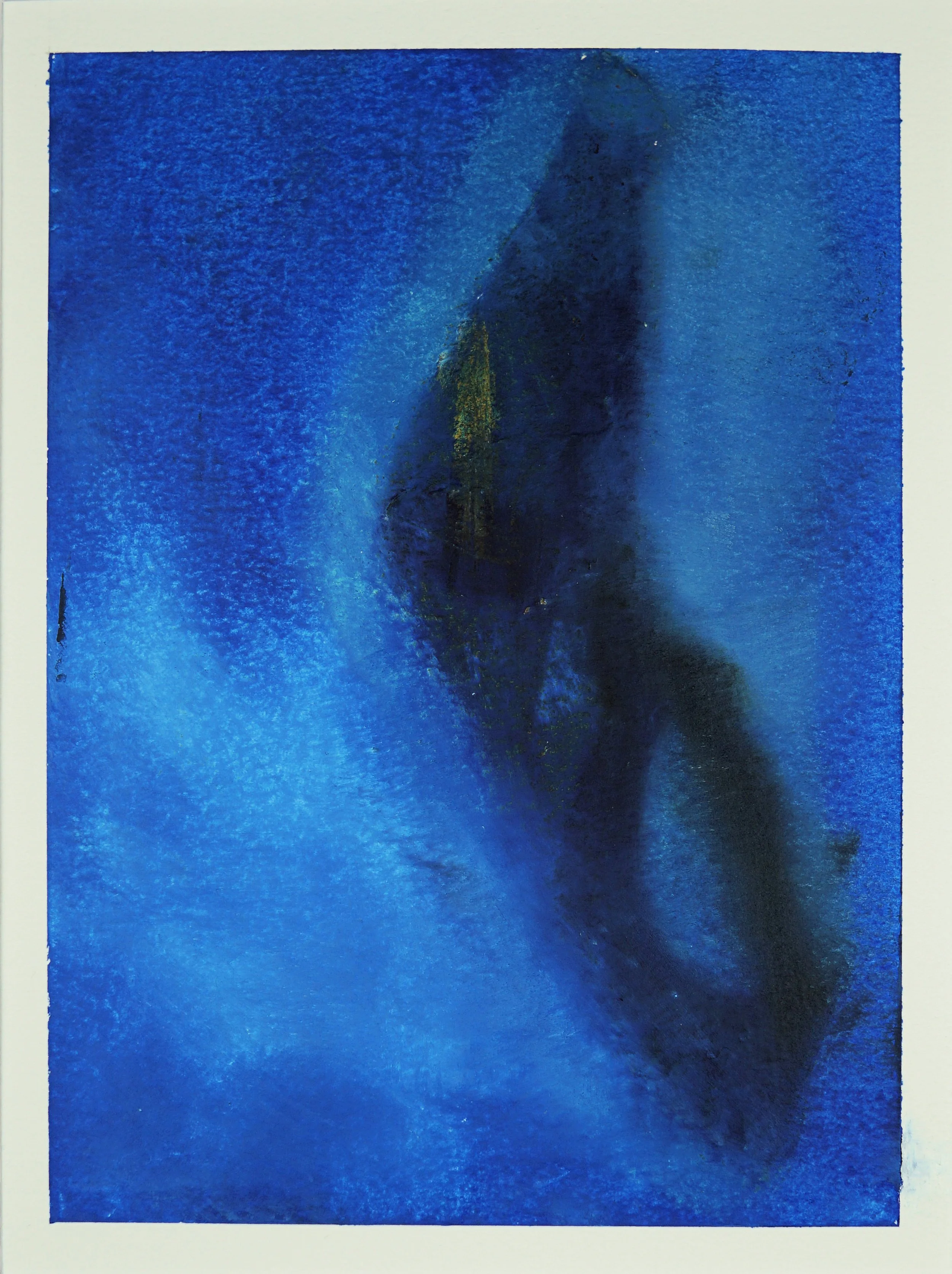 'Silence in the Wave' - is painted with  Oil on Arches Paper. Interpretations of this artwork can vary greatly due to its abstract nature. One might see themes of isolation given the singular form amidst the vastness of blue. It could also represent 