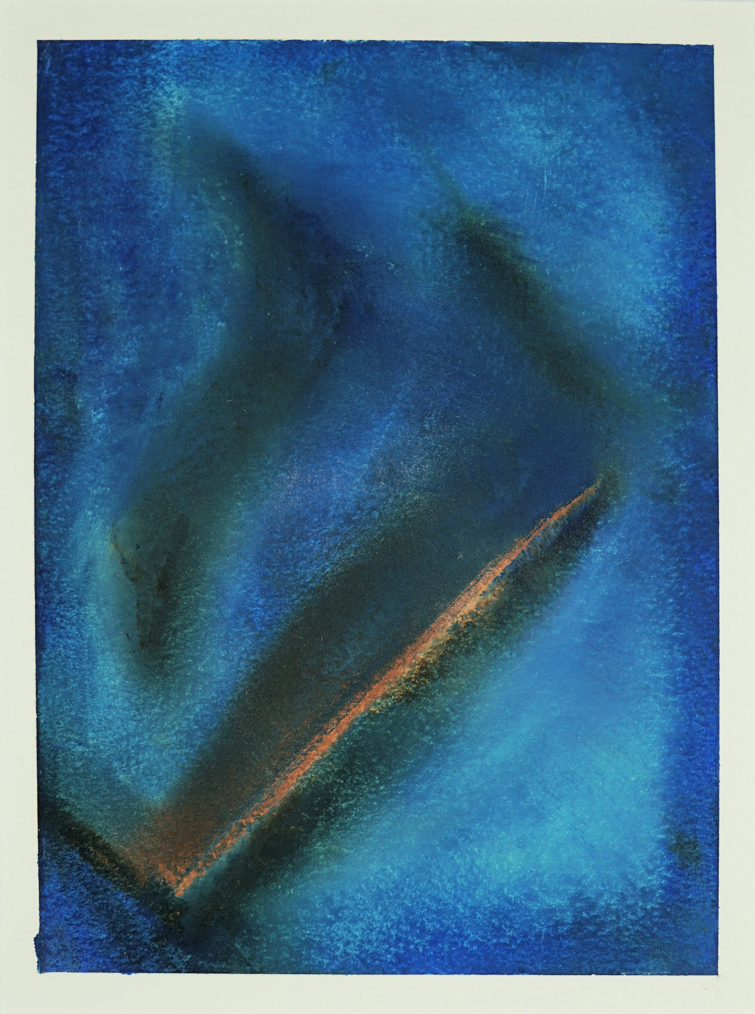 Sinking Hat' -  is a compelling exploration of form and colour, an oil painting on paper that commands attention. The artwork is dominated by a dark blue palette, creating an atmosphere of depth and mystery. The abstract form at the centre, suggestiv