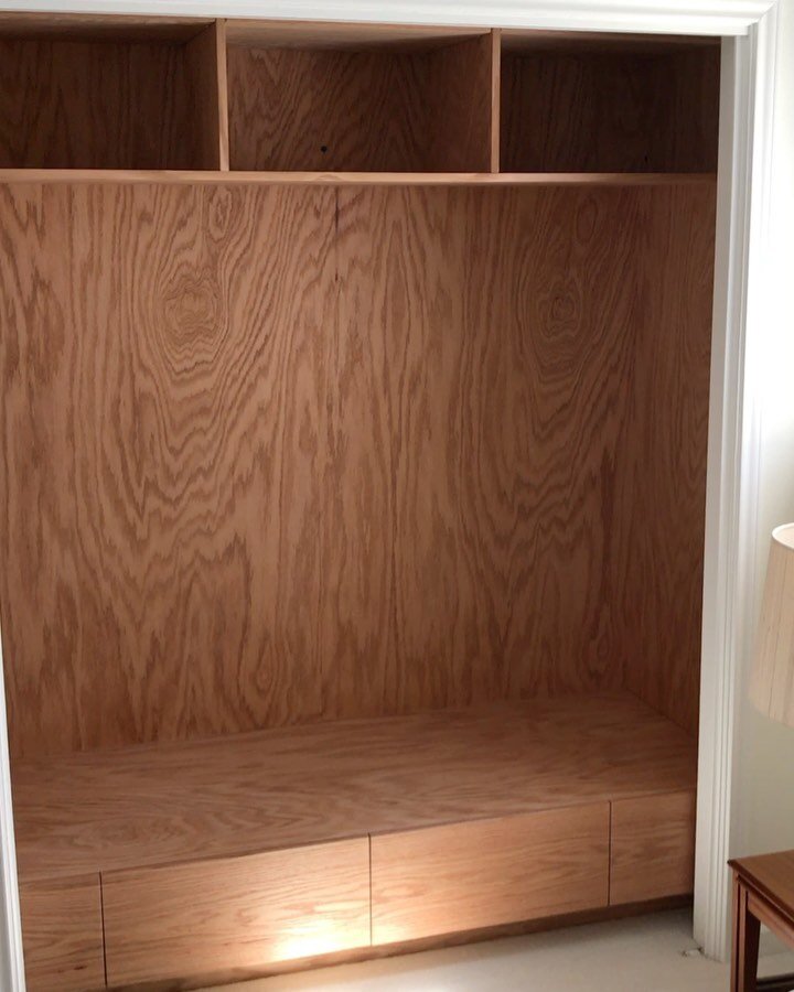 Custom built-in oak plywood closet. This is actually a stand-alone unit I designed to be built inside this typical small clothes-rod closet. It has a more custom look than just nailing sheets of plywood to the walls and using shelf supports. Here the