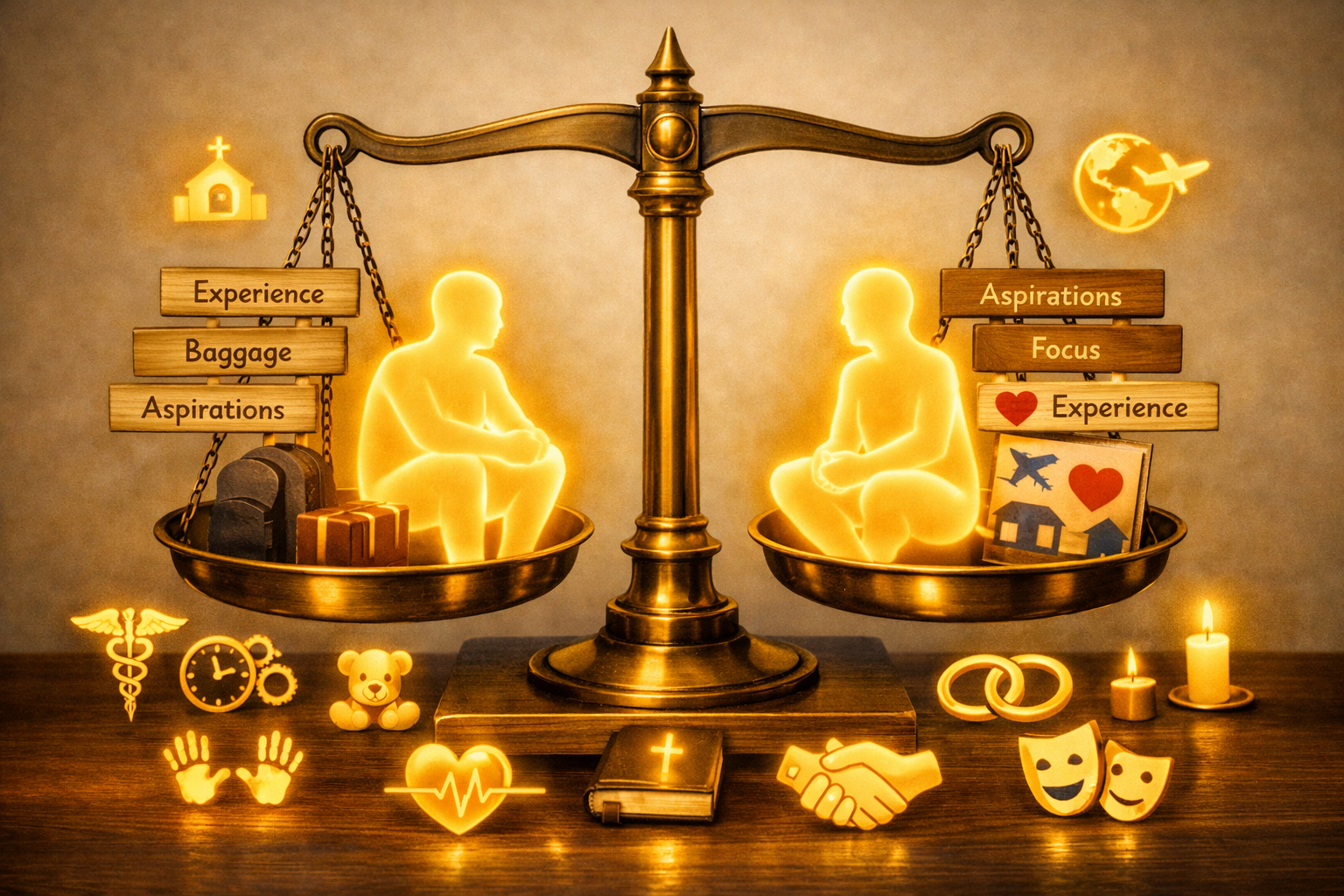 A scale with two illuminated human silhouettes seated opposite each other, surrounded by travel, health, love, and life icons, symbolizing balance between experience and aspirations.