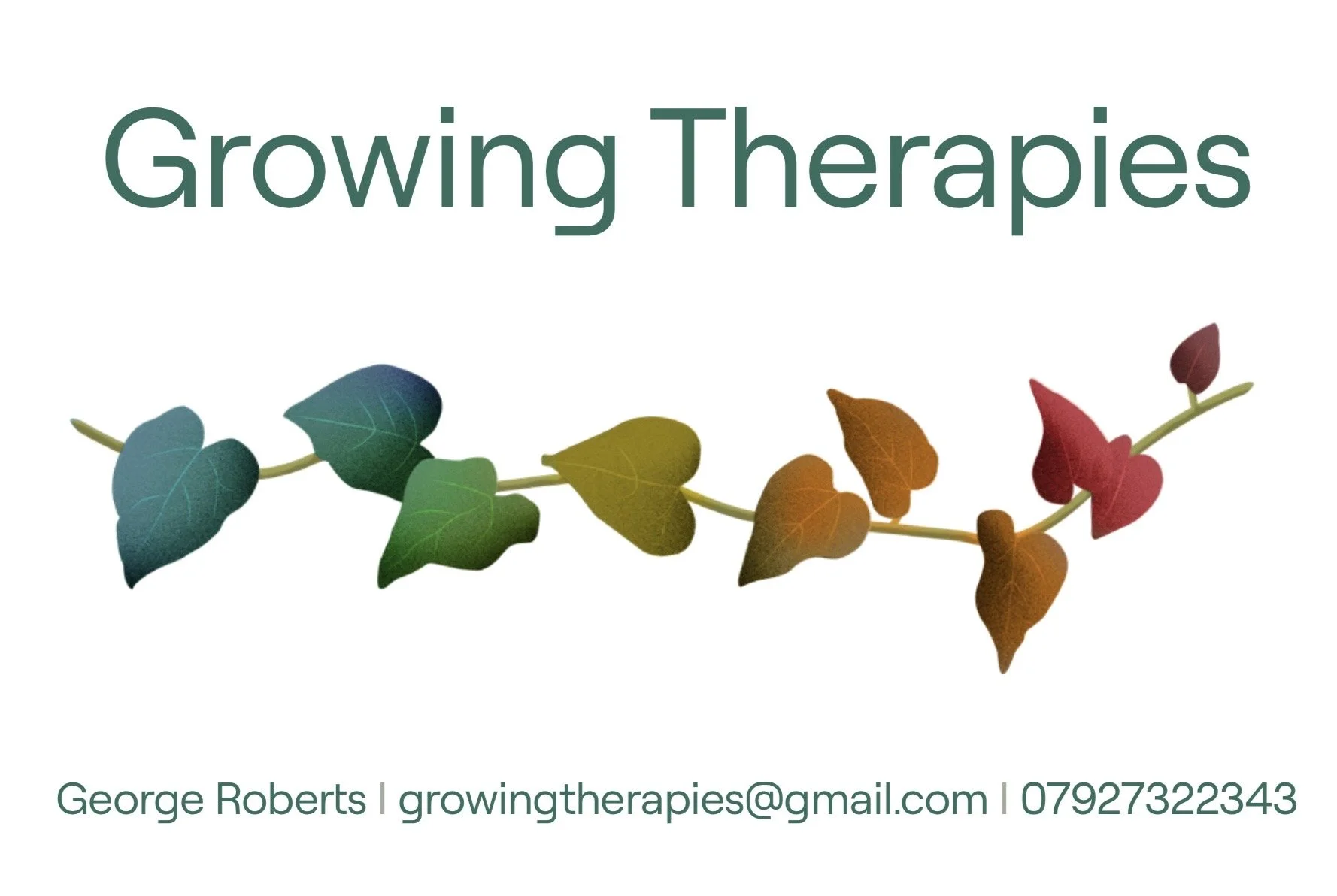 Business card for George Roberts, Growing Therapies, featuring a rainbow-colored ivy leaf design.