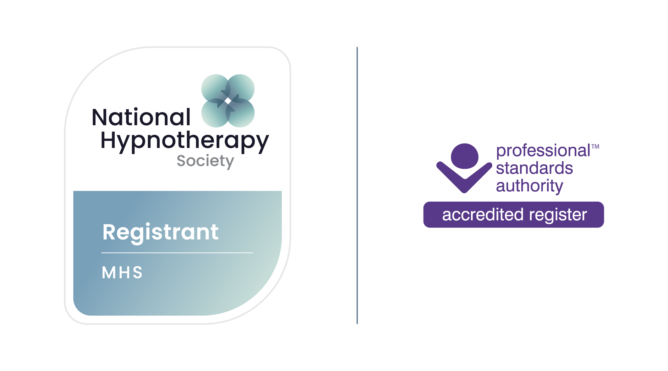 A badge with the logo and text for the National Hypnotherapy Society, indicating a registrant status, alongside the Professional Standards Authority accreditation logo.