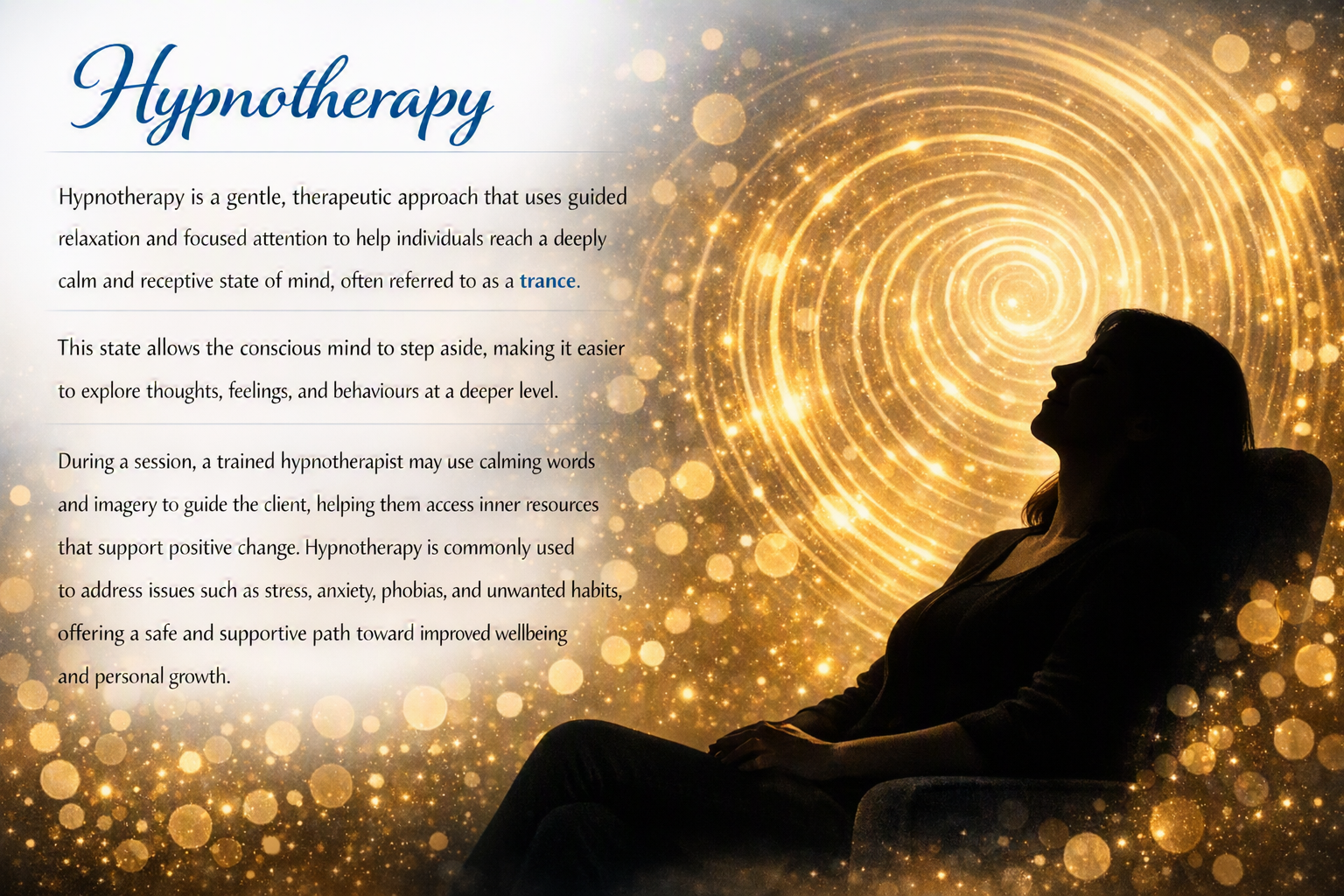A woman in silhouette sitting and meditating against a background of a glowing golden spiral and sparkles, with information about hypnotherapy to the left.