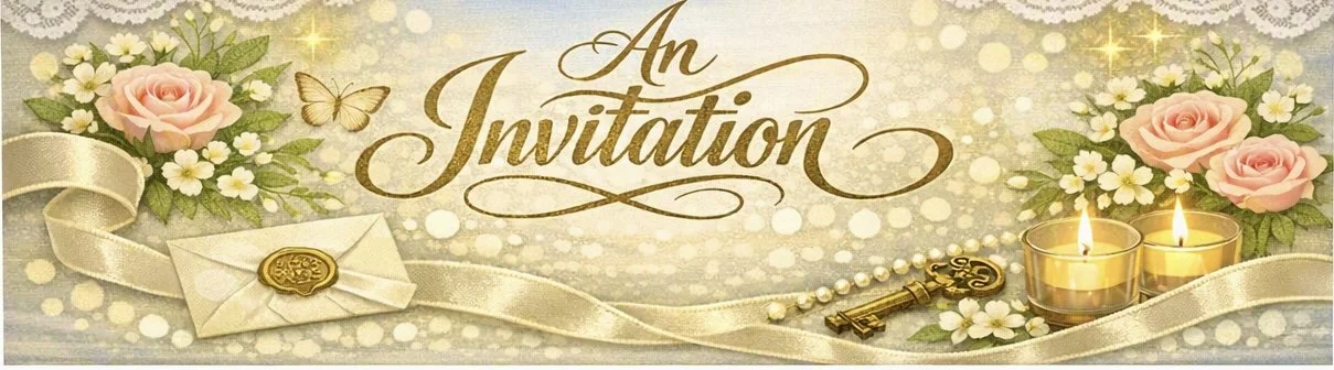 A decorative invitation card with the text 'An Invitation' written in elegant cursive font. The design includes roses, daisies, a butterfly, candles, a key, an envelope with a wax seal, and a pearl necklace, all set on a soft, glowing background with ribbons and floral accents.