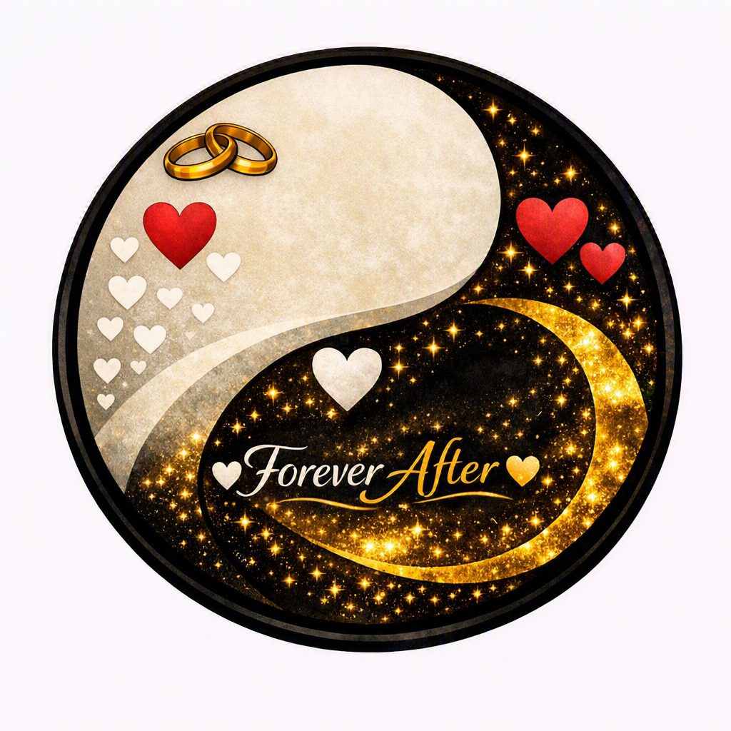 A glittery yin-yang symbol with gold, black, and beige colors featuring small hearts and wedding rings, with the words "Forever After" in the center.