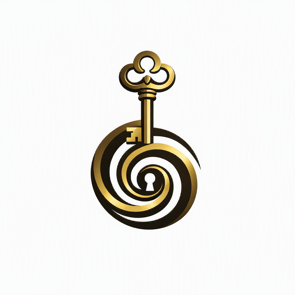 A gold and black ornate key with a spiral design on the bow, set against a white background.