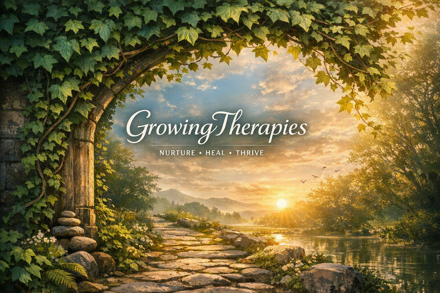 A serene natural landscape with a stone pathway along a river, surrounded by lush green trees and foliage, with the sun setting or rising behind distant mountains, under a partly cloudy sky. Overlaid text reads 'Growing Therapies - Nurture, Heal, Thrive'.
