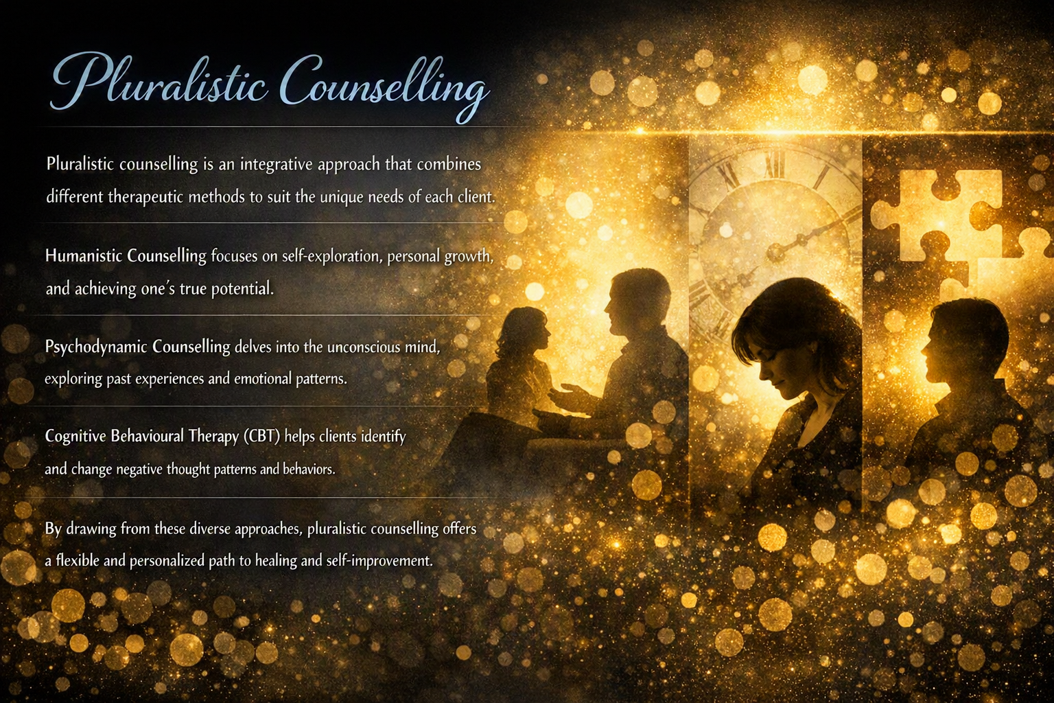 A digital graphic with the heading 'Pluralistic Counselling' and a description of various therapeutic approaches on the left. On the right, silhouettes of a therapist and a client interacting, with a background of a clock, puzzle piece, and glowing particles in gold and black.
