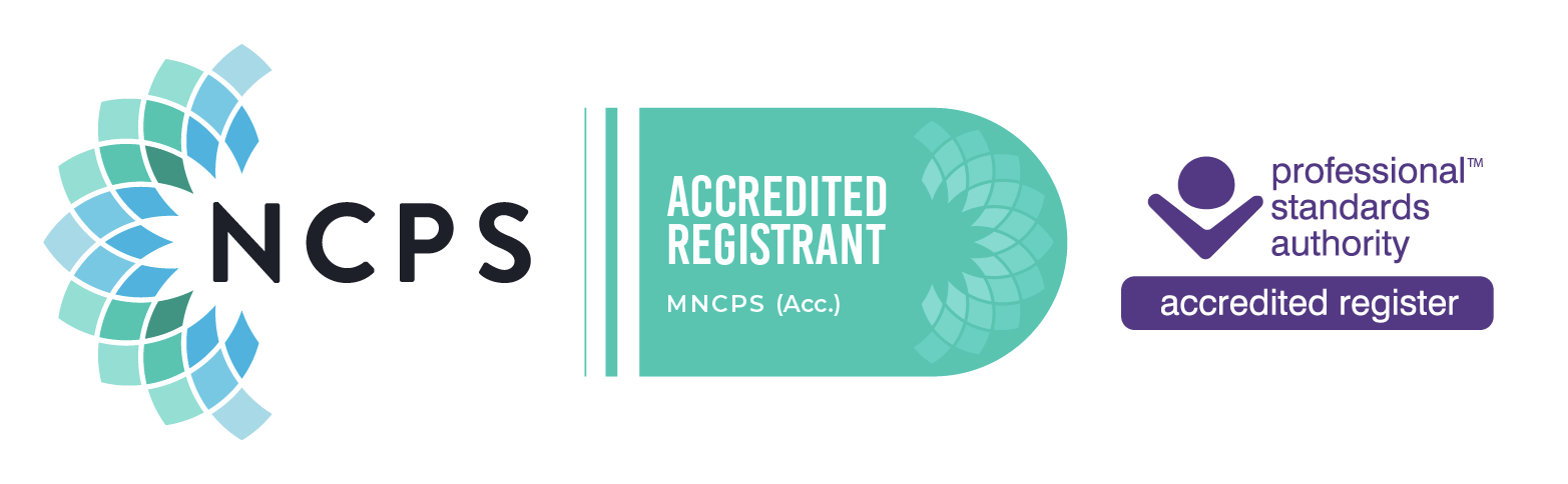 NCPS logo with teal and purple colors, accreditation badge and professional standards authority logo, indicating approved registration.