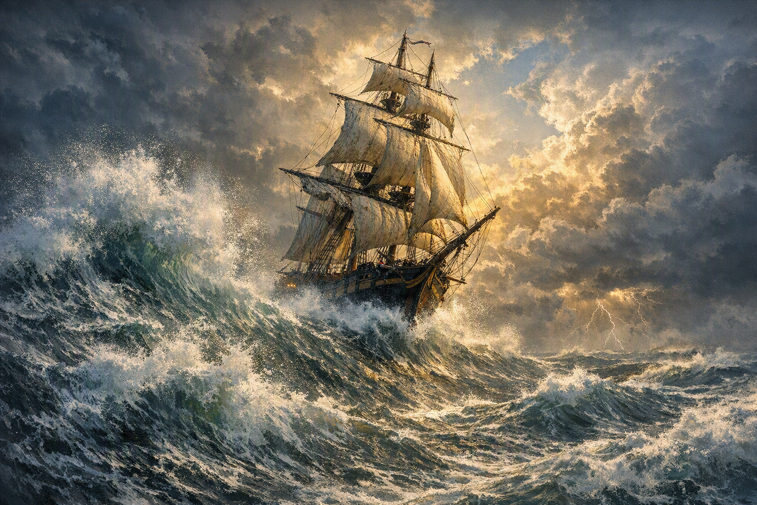 A tall sailing ship navigating turbulent rough seas with towering waves, under a stormy sky with dark clouds and lightning.