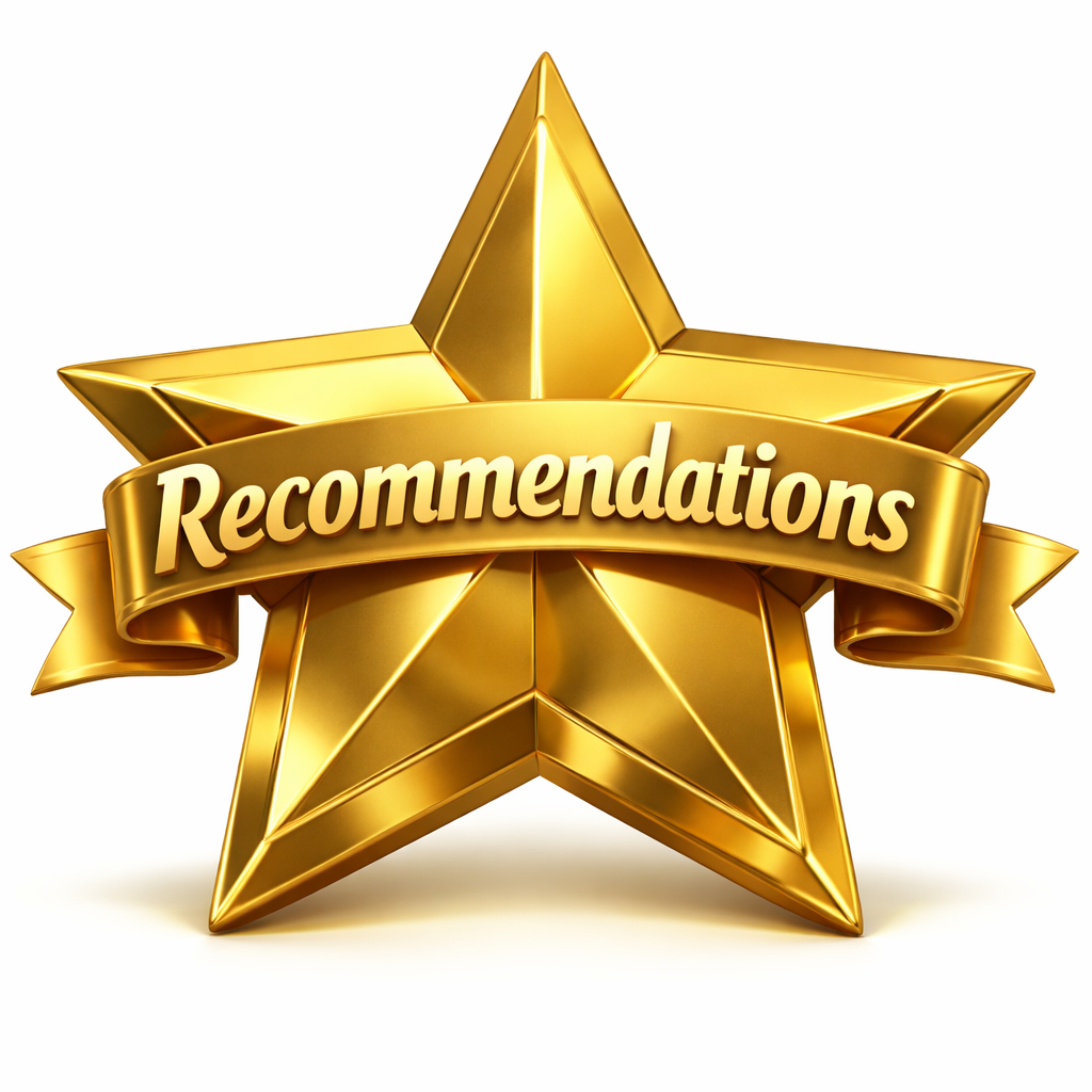 A shiny gold star with a ribbon across the middle that says 'Recommendations' in bold, white letters.