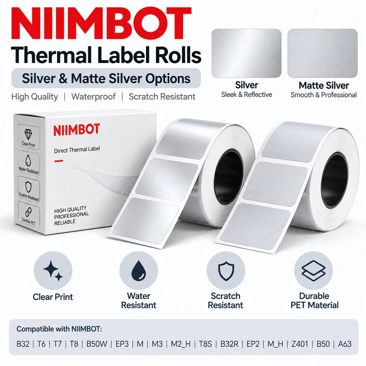NIIMBOT M2 M3 Silver Matte Silver Thermal Transfer Asset Labels B32 Z401