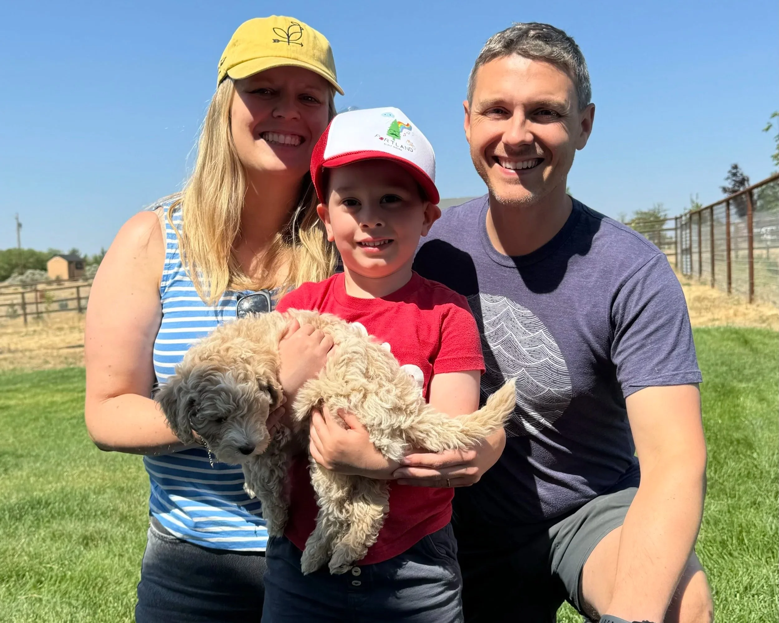 happy goldendoodle puppy family