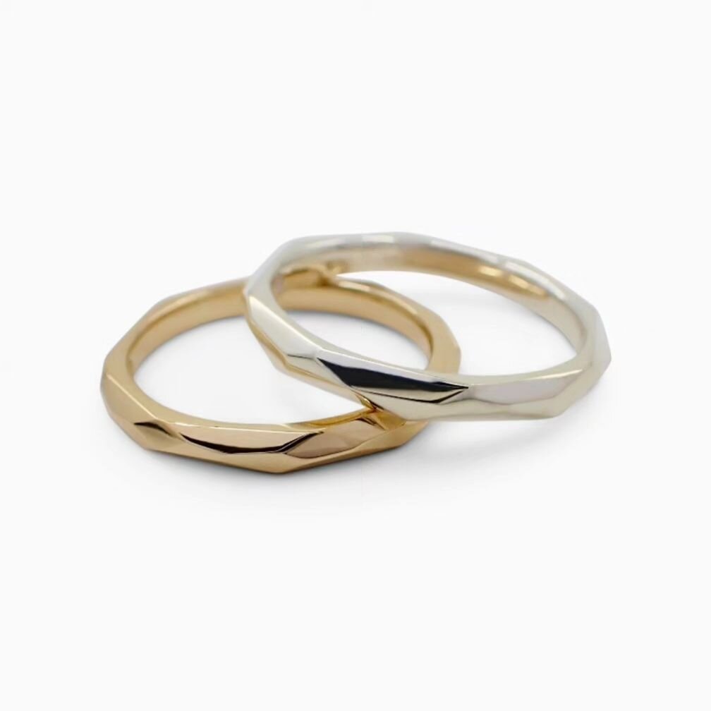 OG Eli Speaks geo-facet rings - perfect for modern wedding bands, stack rings, or just a simple everyday wear piece. They would also make an excellent Xmas gift!

Available for order in any metal and size. These two pictured are ready to ship now in 