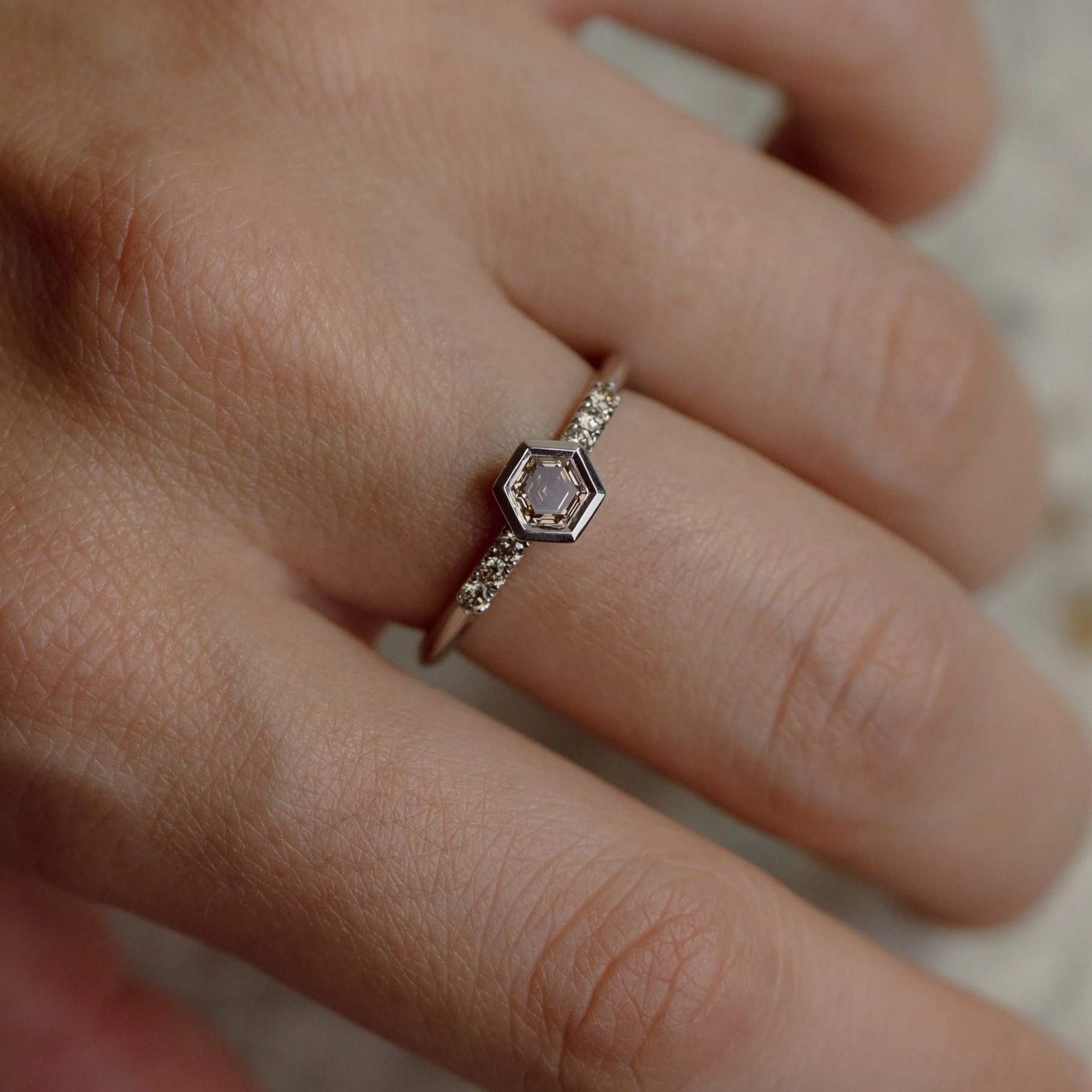 Hexagonal Champagne Diamond Ring in Platinum