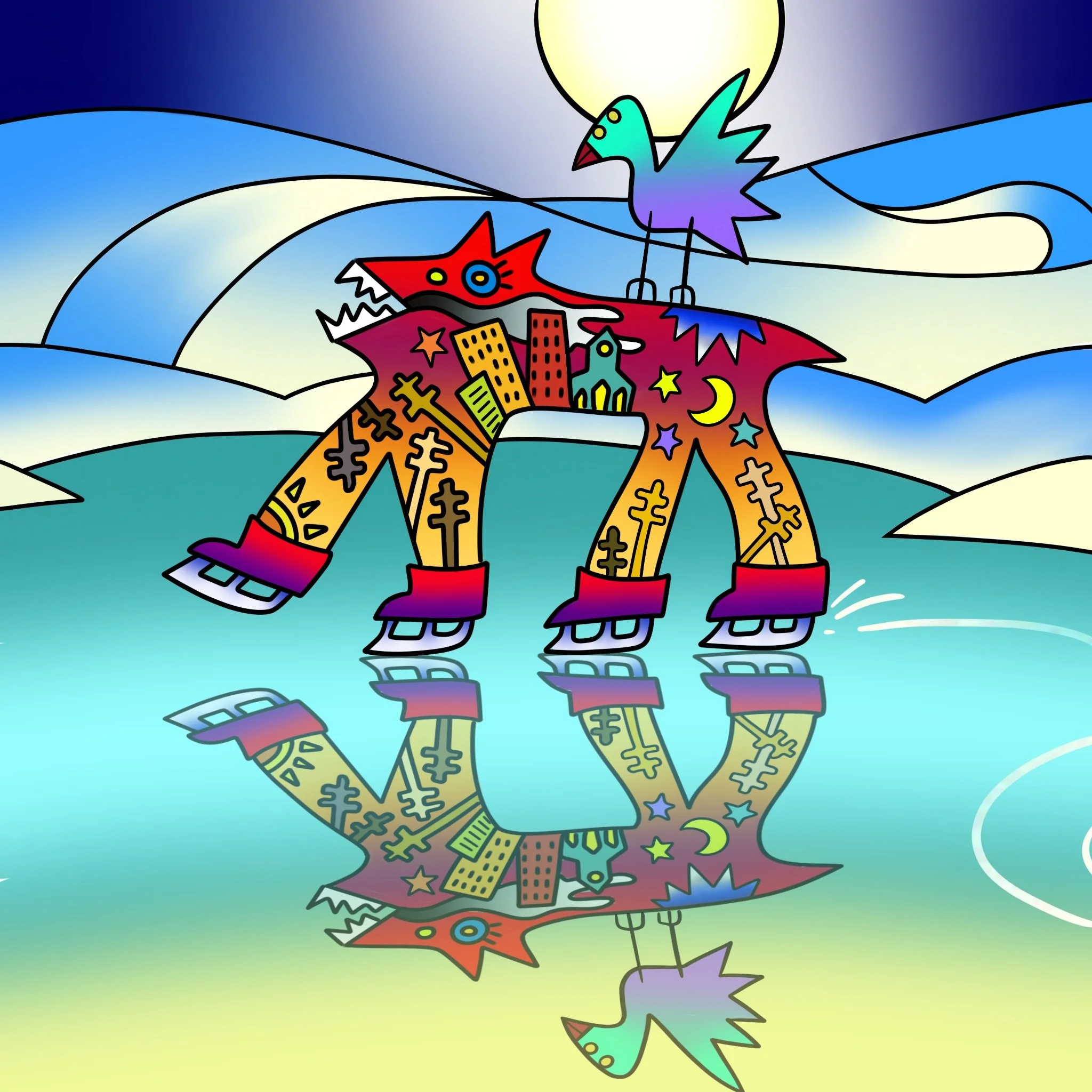 Flyer for Winter Break Art Camp featuring original artwork by Michael Moonbird. The image shows the Bad Dog skating on an icy pond with rolling hills in the background, using chilly, cool colors and a funny bird perched on the Bad Dog’s back.