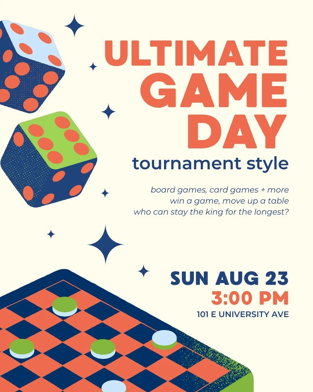 This isn't your average game night. ♟️🎲

We're turning the room into a live tournament where every win moves you one step closer to the top. Challenge new people, climb the tables, and see if you have what it takes to become the last player standing